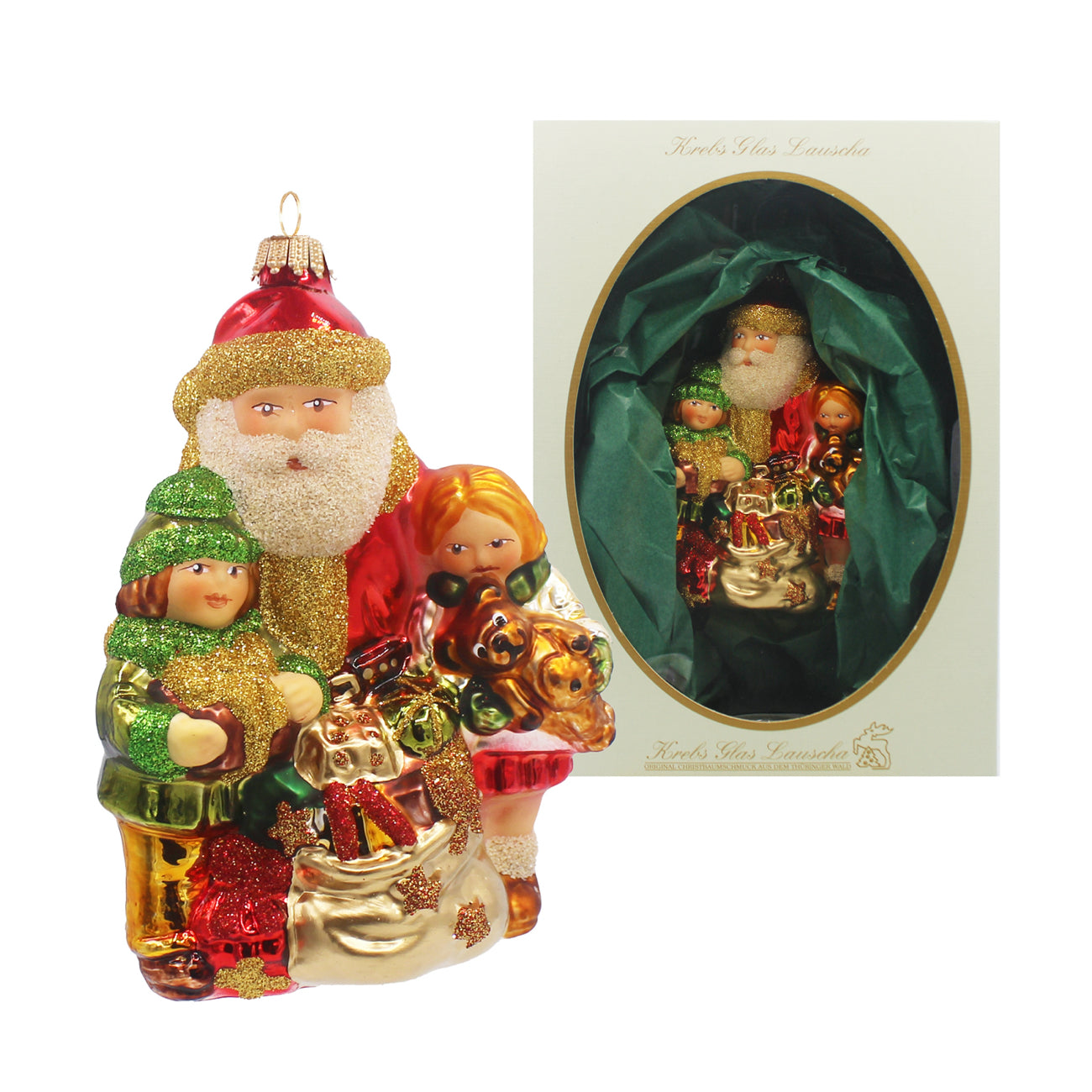 Père Noël en verre soufflé rouge et or avec deux enfants et sac de cadeaux