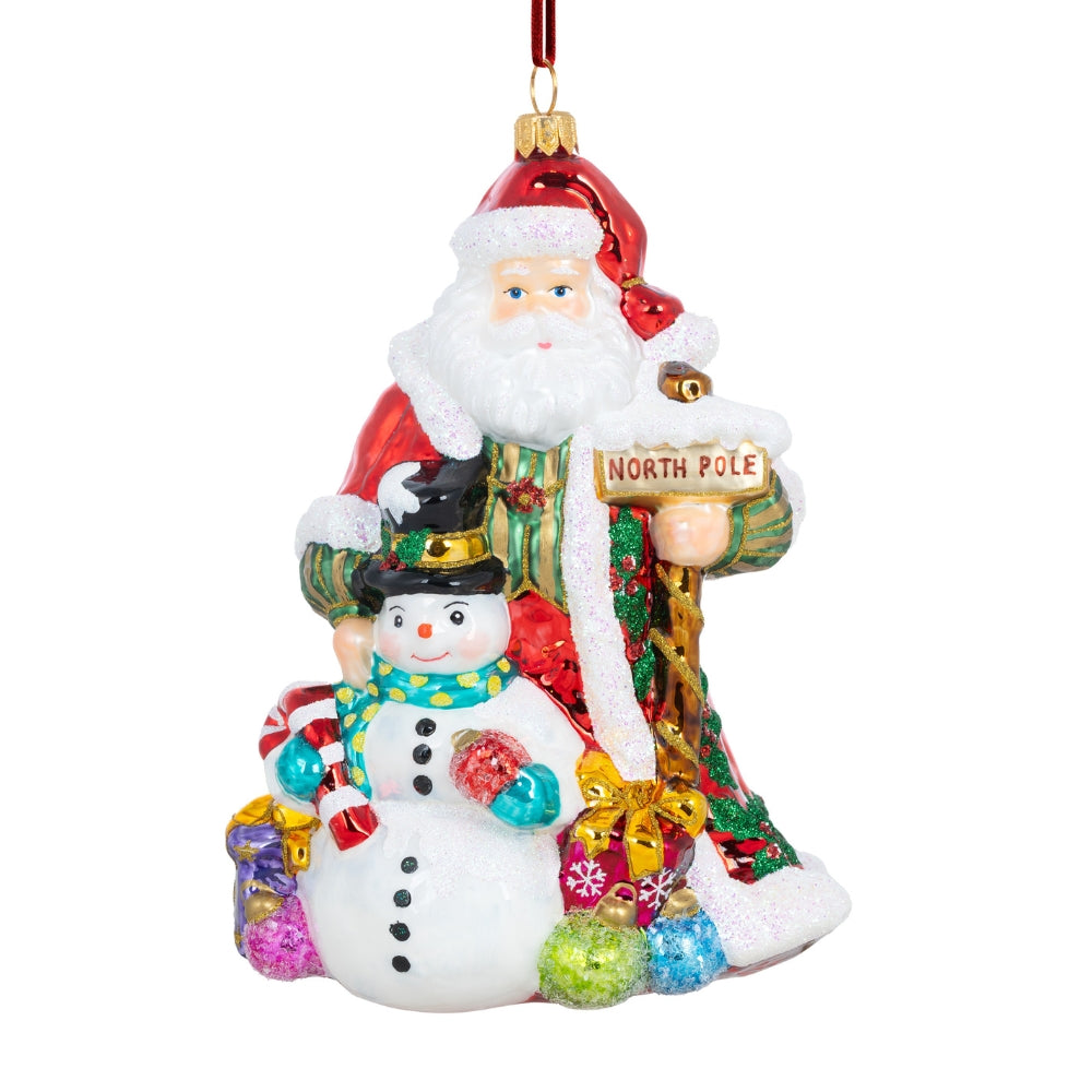 Père Noël en verre soufflé peint à la main avec bonhomme de neige, panneau North Pole