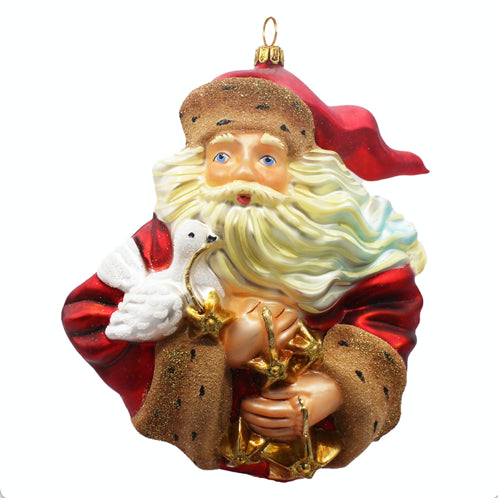 Père Noël en verre soufflé rouge et or tenant une colombe blanche