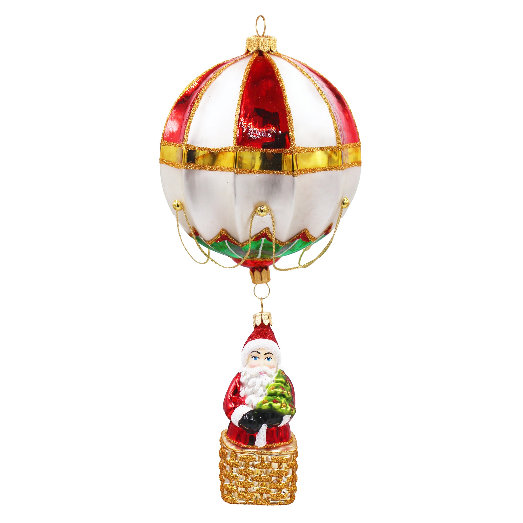 Père Noël en verre soufflé suspendu sous une montgolfière rouge, blanc et doré
