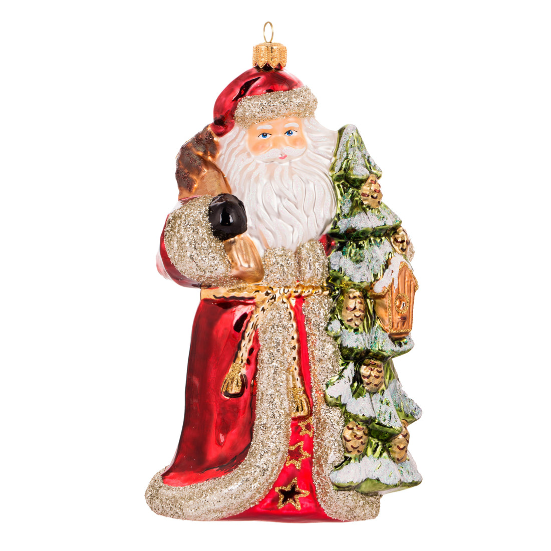 Père Noël en verre soufflé rouge et or tenant un sapin vert décoré de pommes de pin