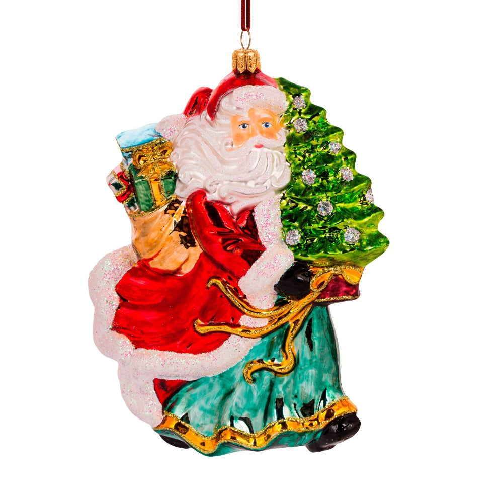 Père Noël en verre soufflé peint à la main tenant un sapin vert et des cadeaux