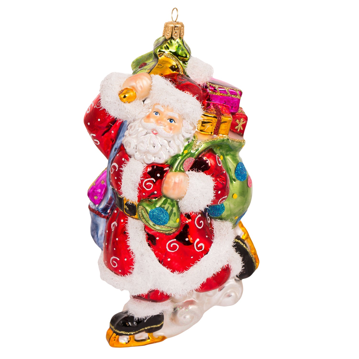 Père Noël en verre soufflé rouge sur patins à glace, avec cadeaux multicolores