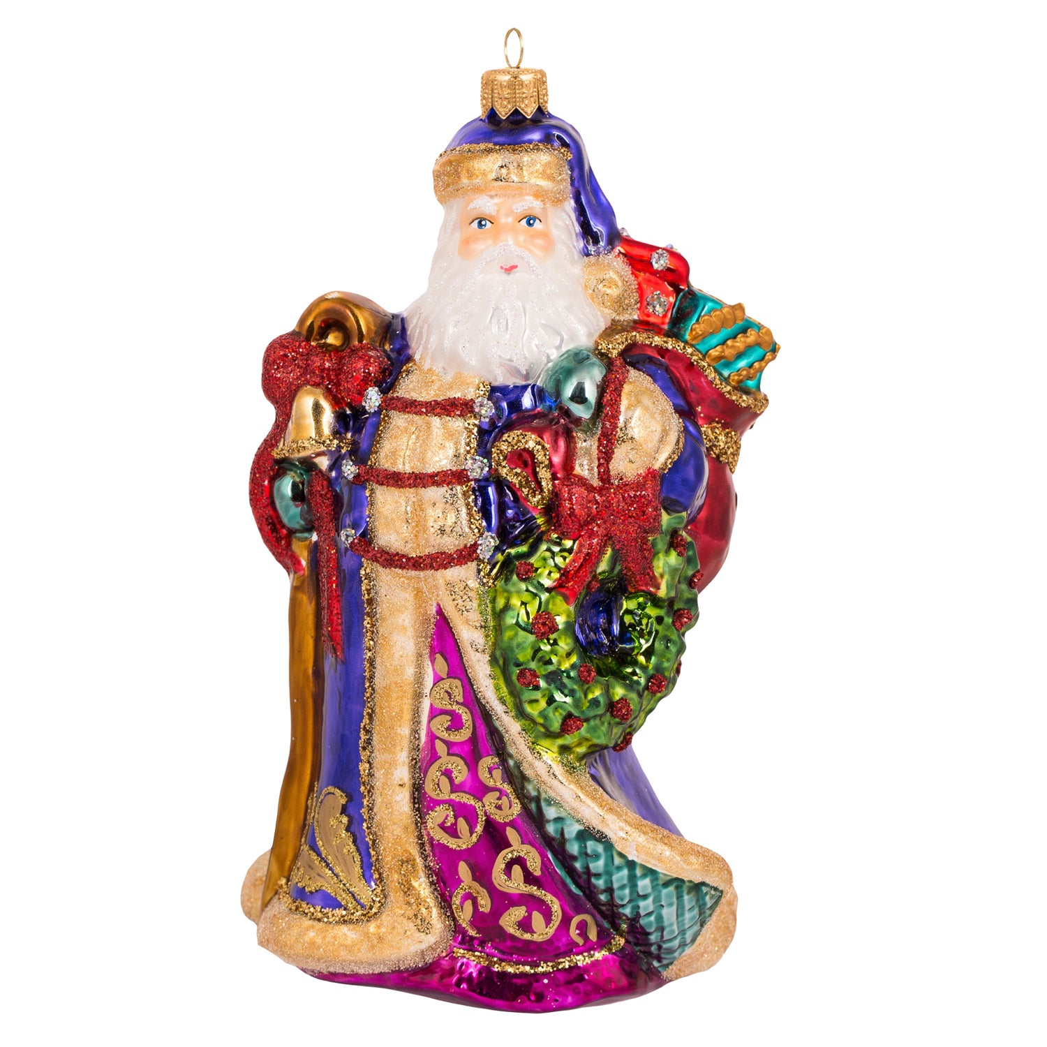 Père Noël en verre soufflé peint à la main, manteau violet et or, avec sac de cadeaux