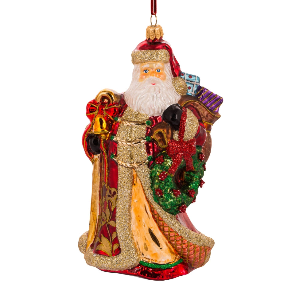 Père Noël en verre soufflé rouge et or avec couronne, cloche et sac de cadeaux