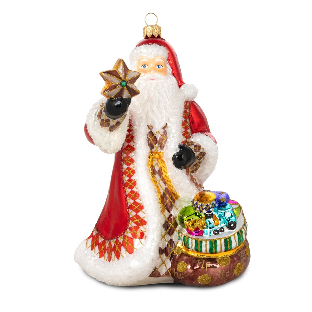 Père Noël en verre soufflé peint à la main tenant une étoile dorée et sac de cadeaux