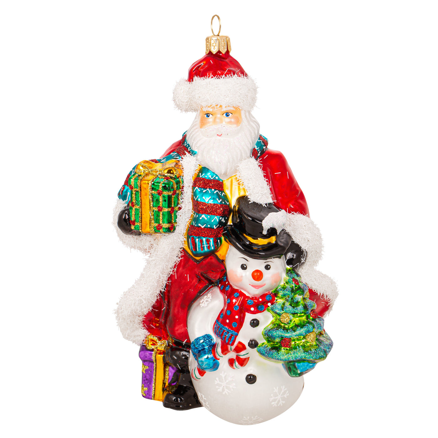 Père Noël et bonhomme de neige en verre soufflé peint à la main, avec cadeaux
