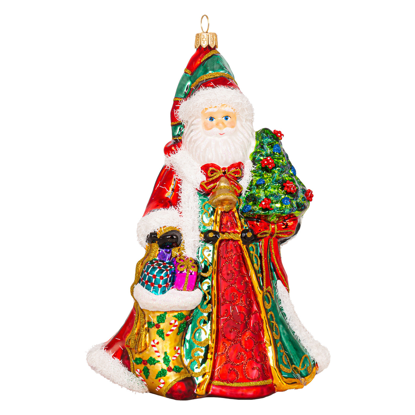 Père Noël en verre soufflé tenant une botte de Noël rouge, vert et or