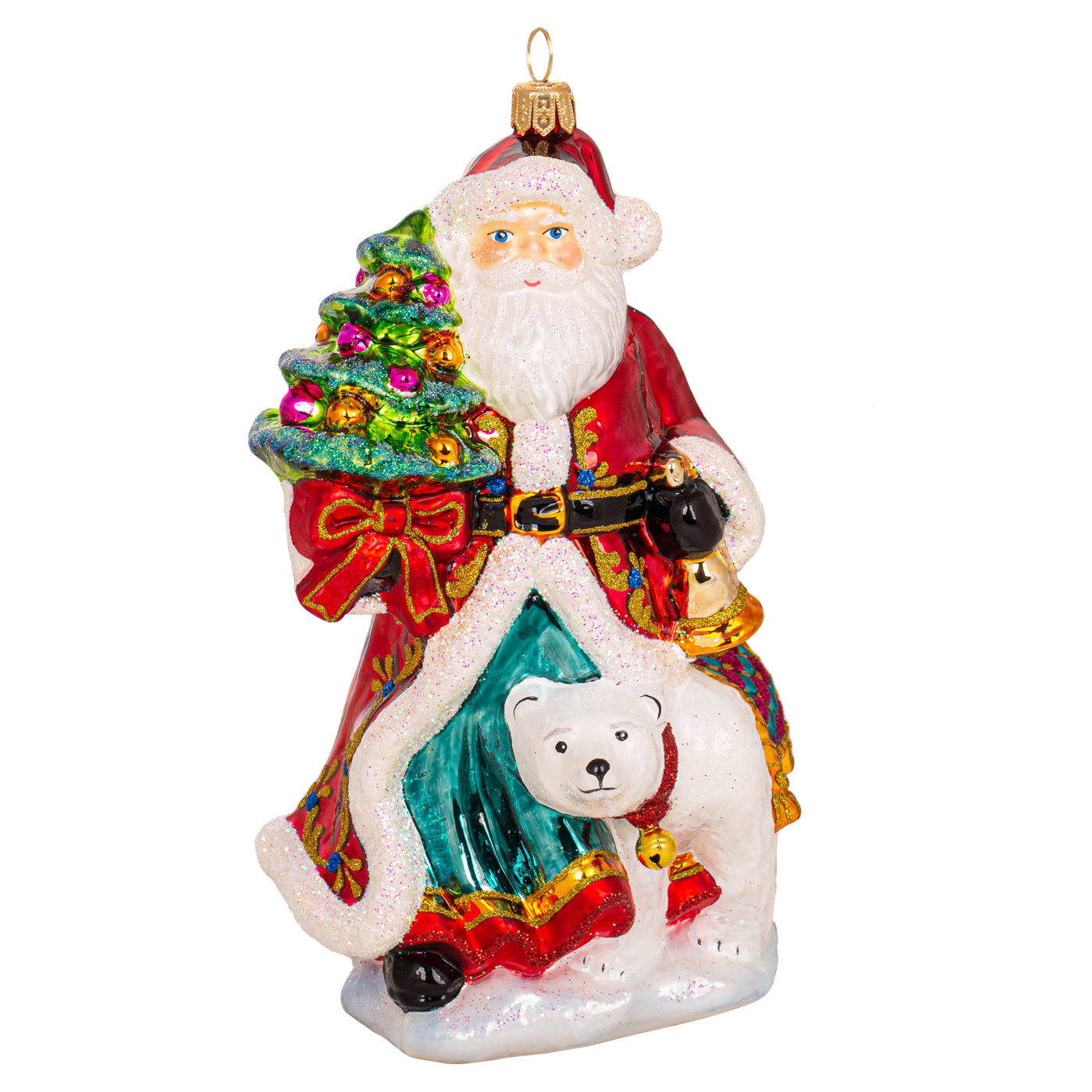 Père Noël en verre soufflé tenant un sapin décoré et un ourson blanc