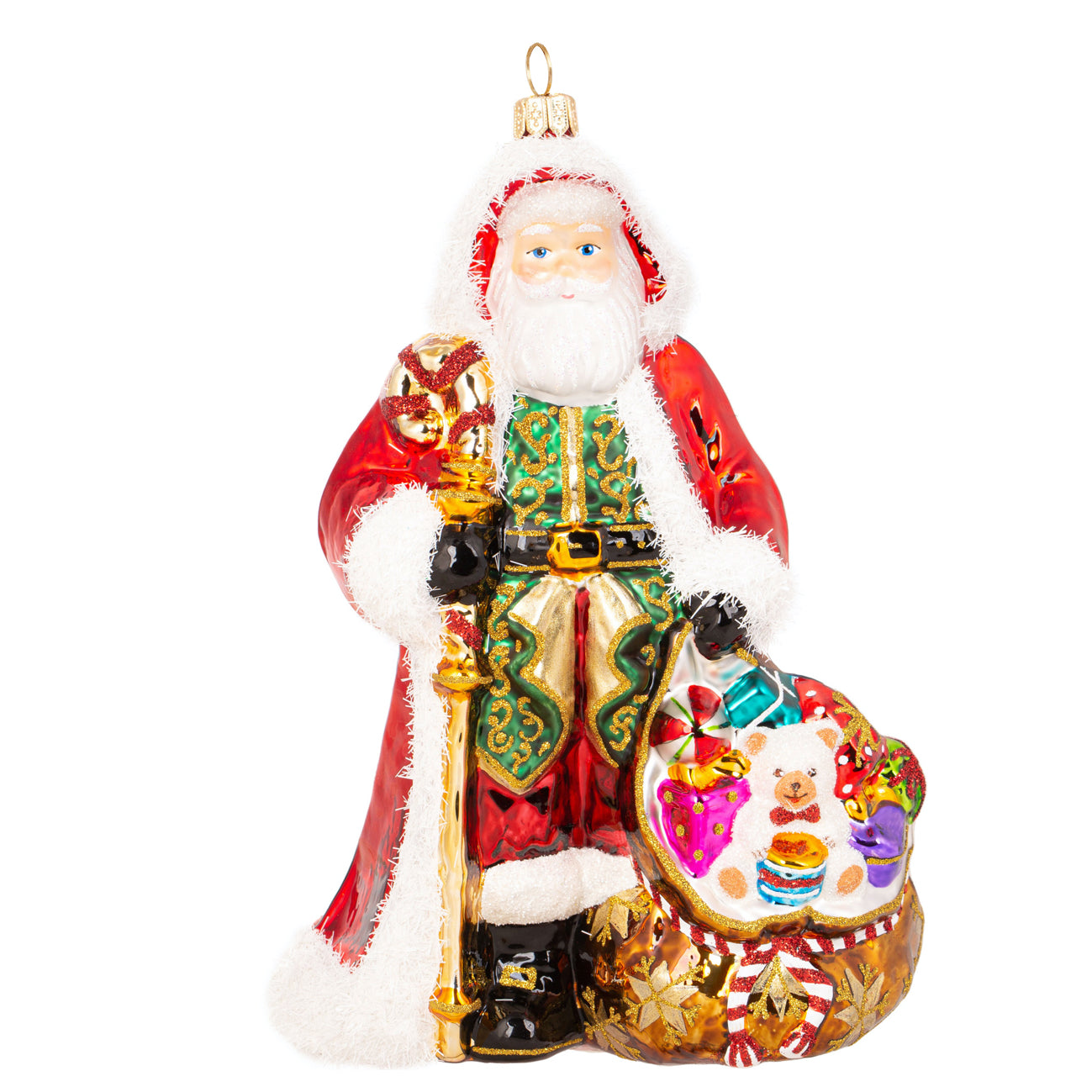 Père Noël en verre soufflé rouge et blanc tenant un sac de cadeaux décoré