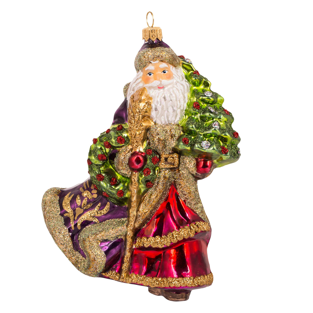 Père Noël en verre soufflé tenant un sapin vert et une couronne dorée