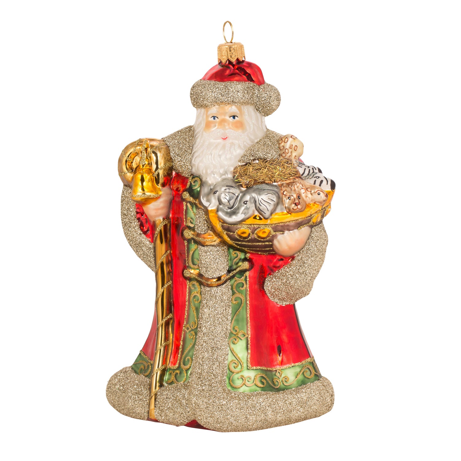 Père Noël en verre soufflé rouge et or tenant l'Arche de Noé avec animaux