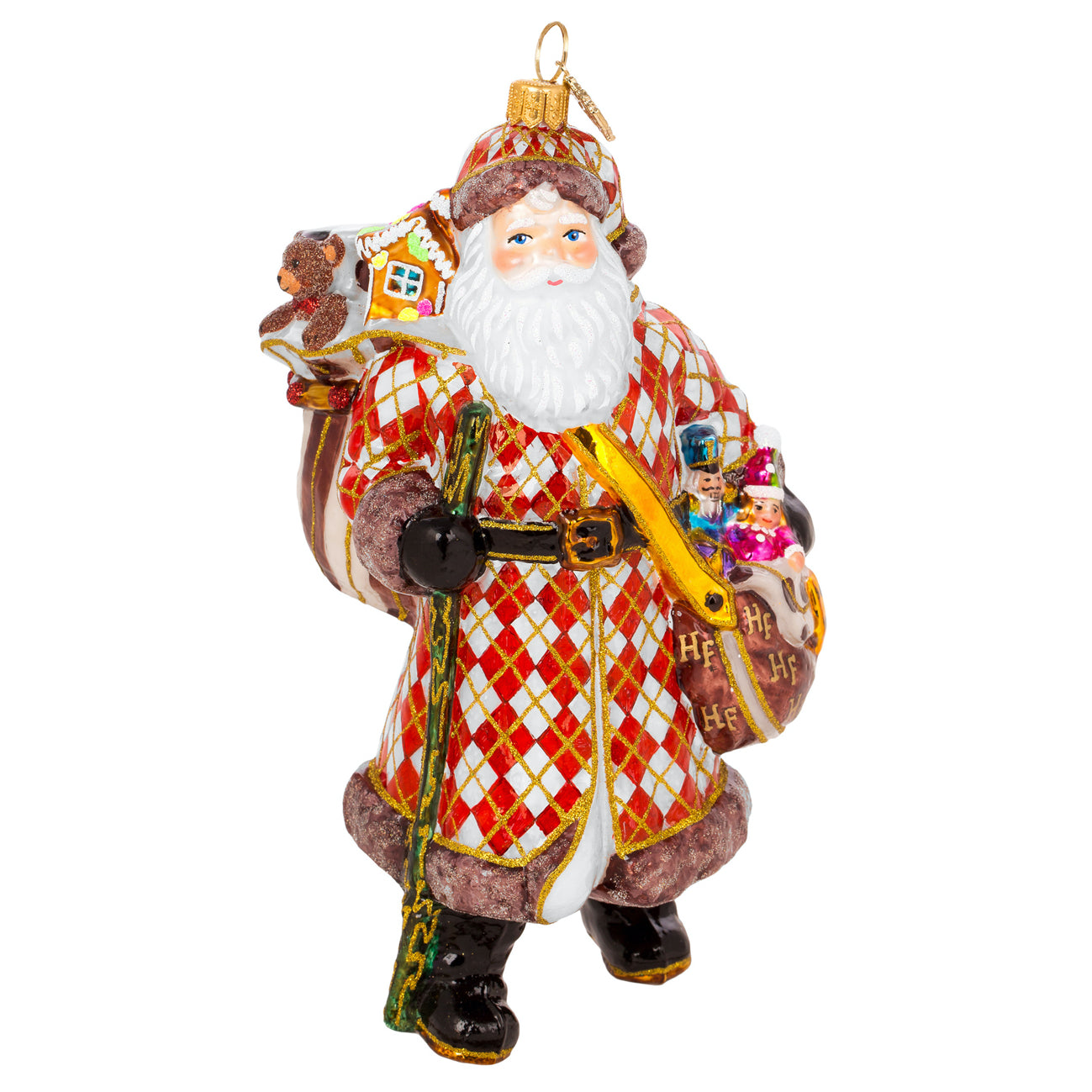 Père Noël voyageur en verre soufflé, manteau rouge à losanges or, sac et ours