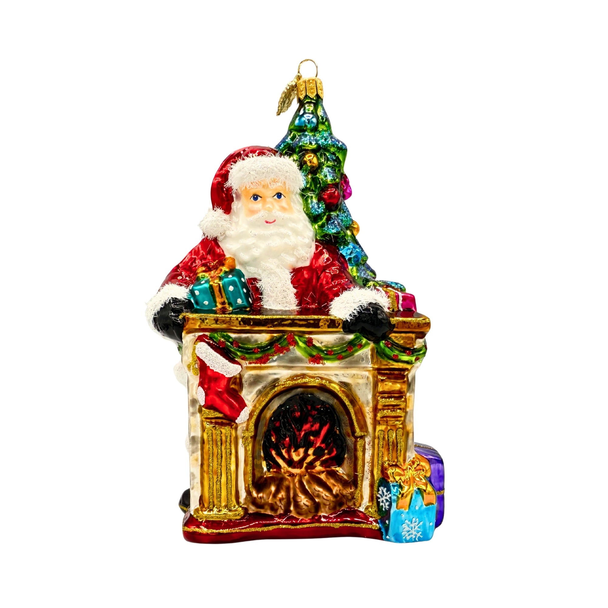 Sapin, Père Noël et cheminée en verre soufflé coloré avec cadeaux et flammes dorées