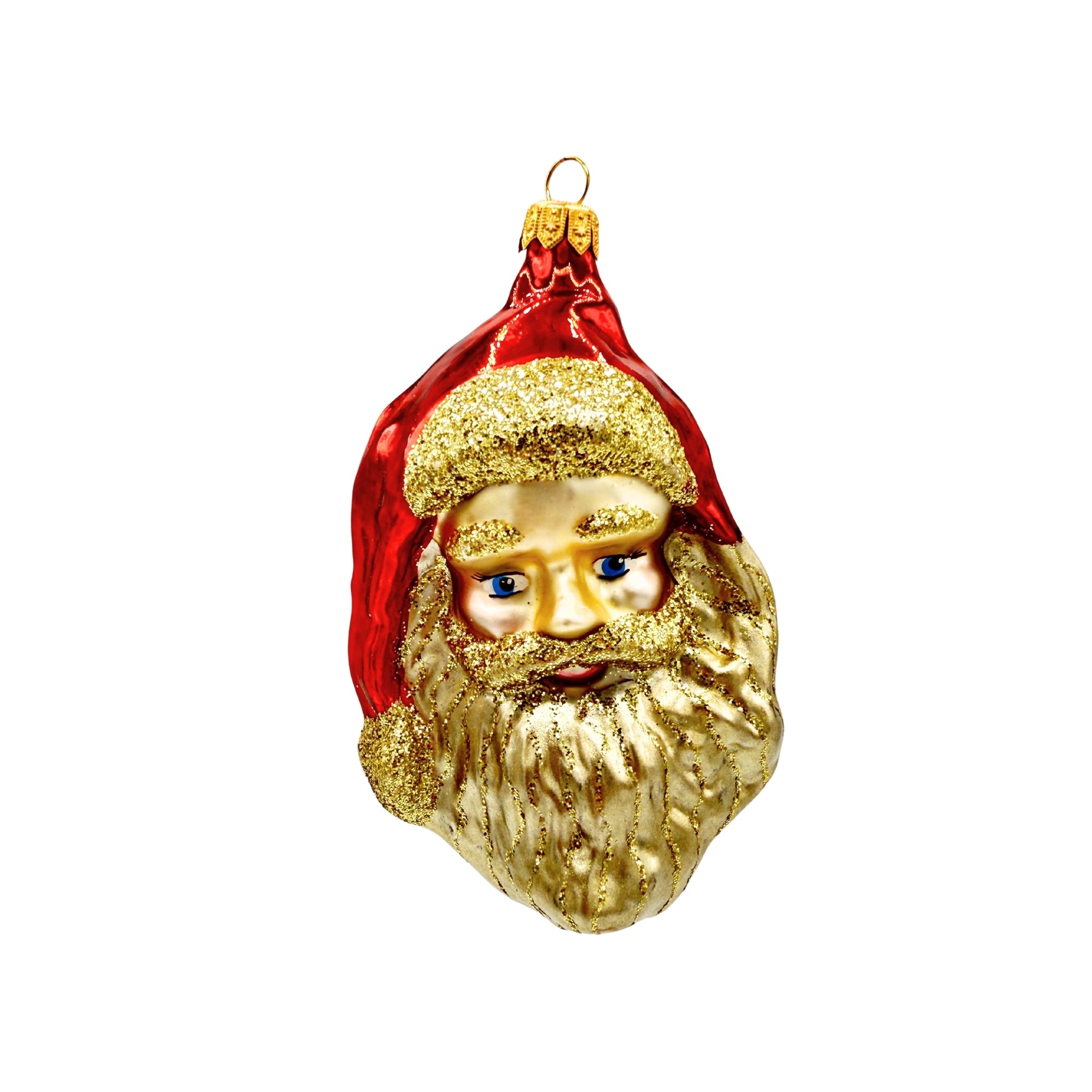 Tête de père Noël en verre soufflé rouge et or, barbe pailletée et bonnet à suspendre