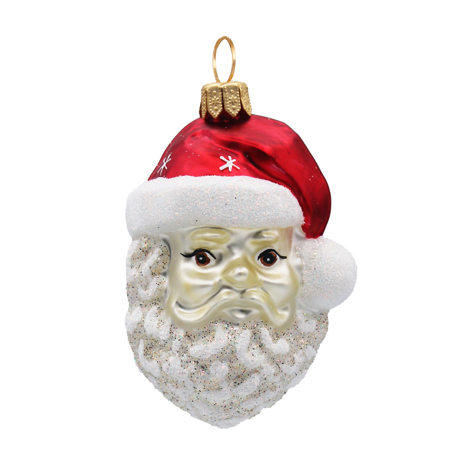 Tête de Père Noël en verre soufflé rouge et blanc avec bonnet doré