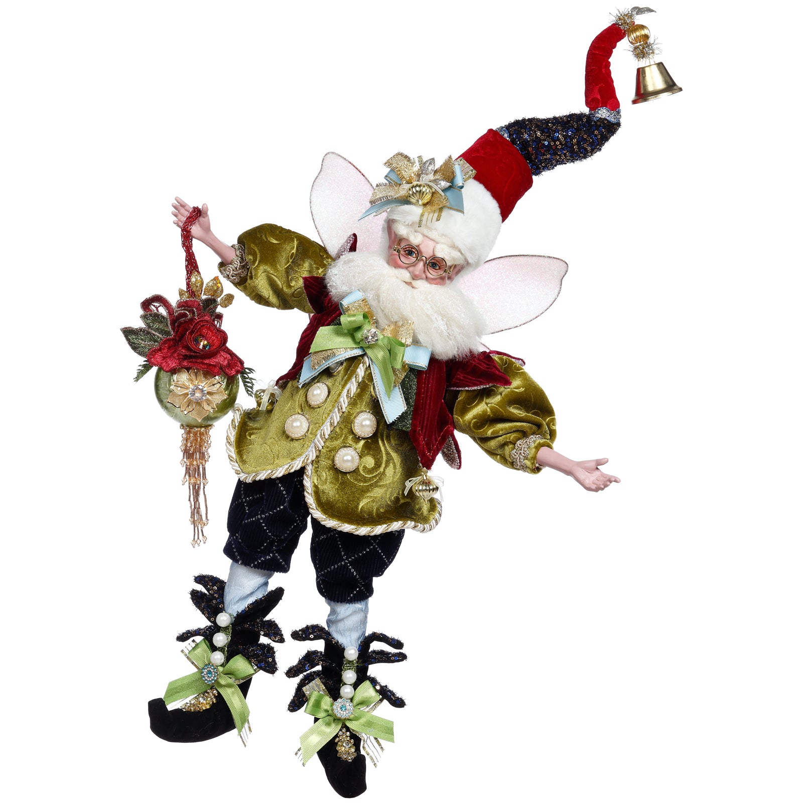 Père Noël décoratif en velours vert et rouge, avec bonnet pointu, ailes et cloche dorée
