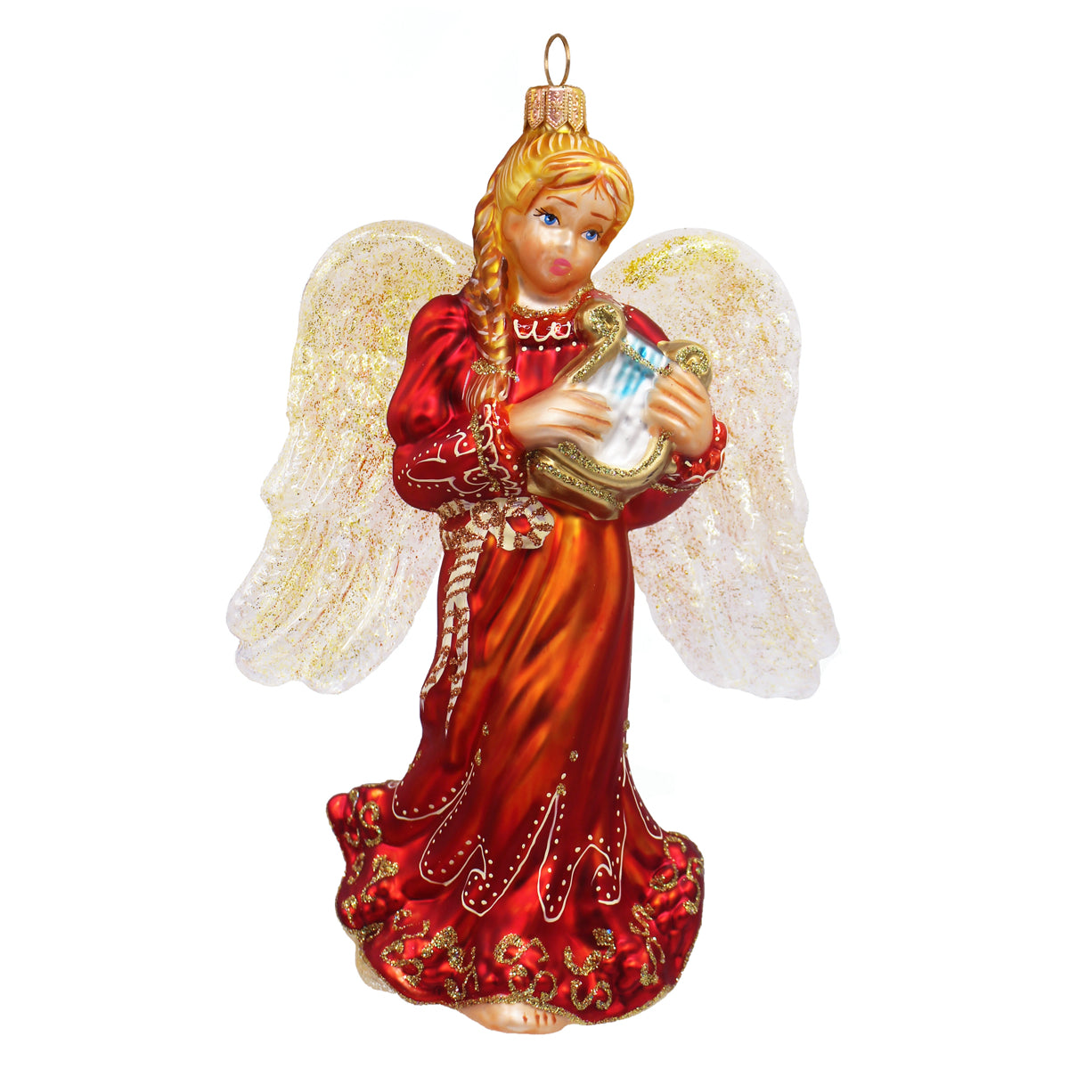 Ange en verre soufflé en robe rouge tenant une lyre dorée, ailes blanches pailletées
