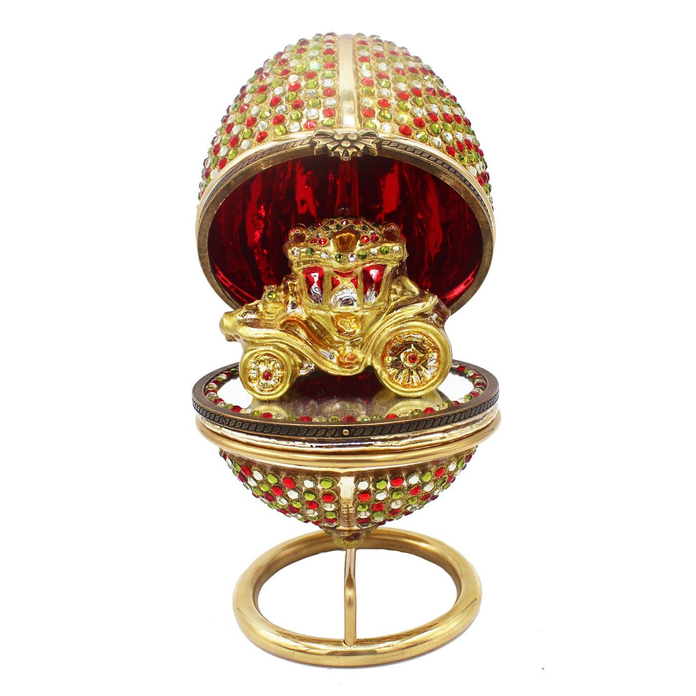 Carrosse doré dans un oeuf en verre soufflé rouge et or, décoré de perles