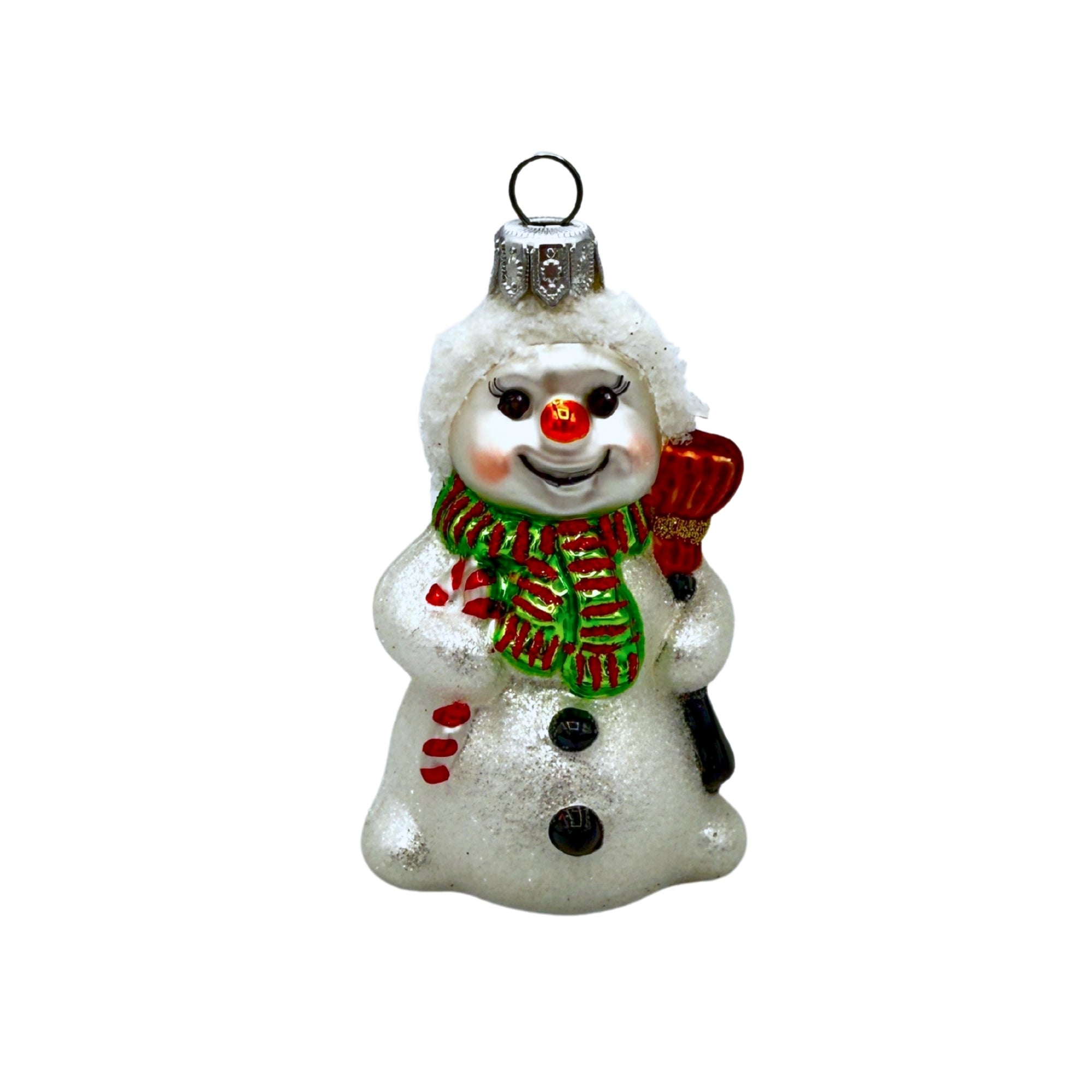Bonhomme de neige en verre avec balai, écharpe verte et rouge, finition brillante, ornement décoratif à suspendre