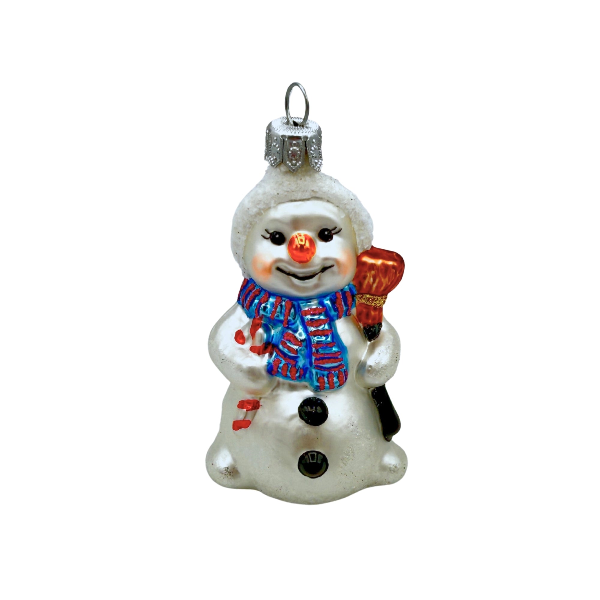Bonhomme de neige en verre soufflé avec écharpe colorée et balai, sujet décoratif à suspendre pour Noël