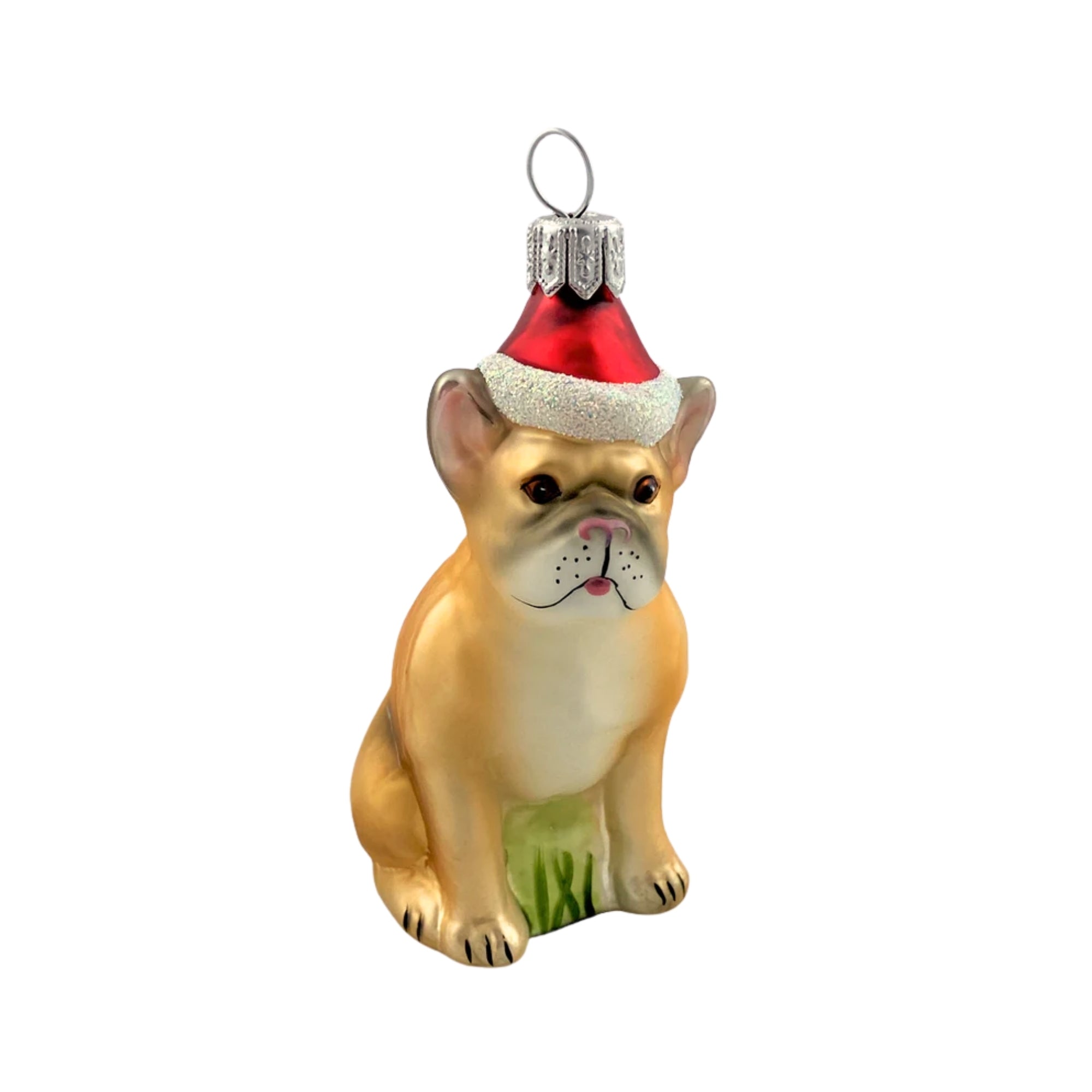 Bouledogue français en verre soufflé doré avec bonnet de Noël rouge et blanc