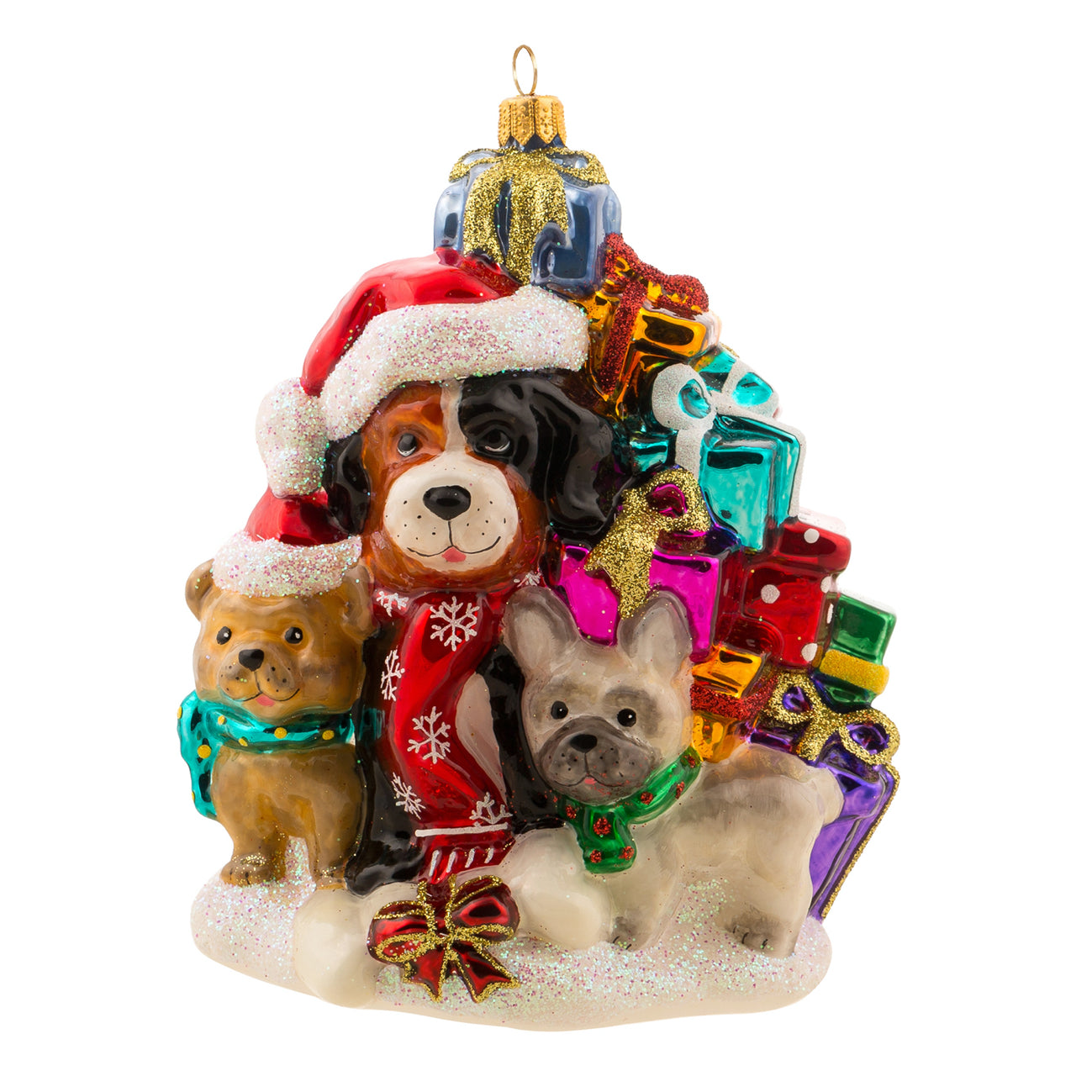 Décoration de sapin en verre soufflé avec chiens, cadeaux multicolores et bonnet de Noël