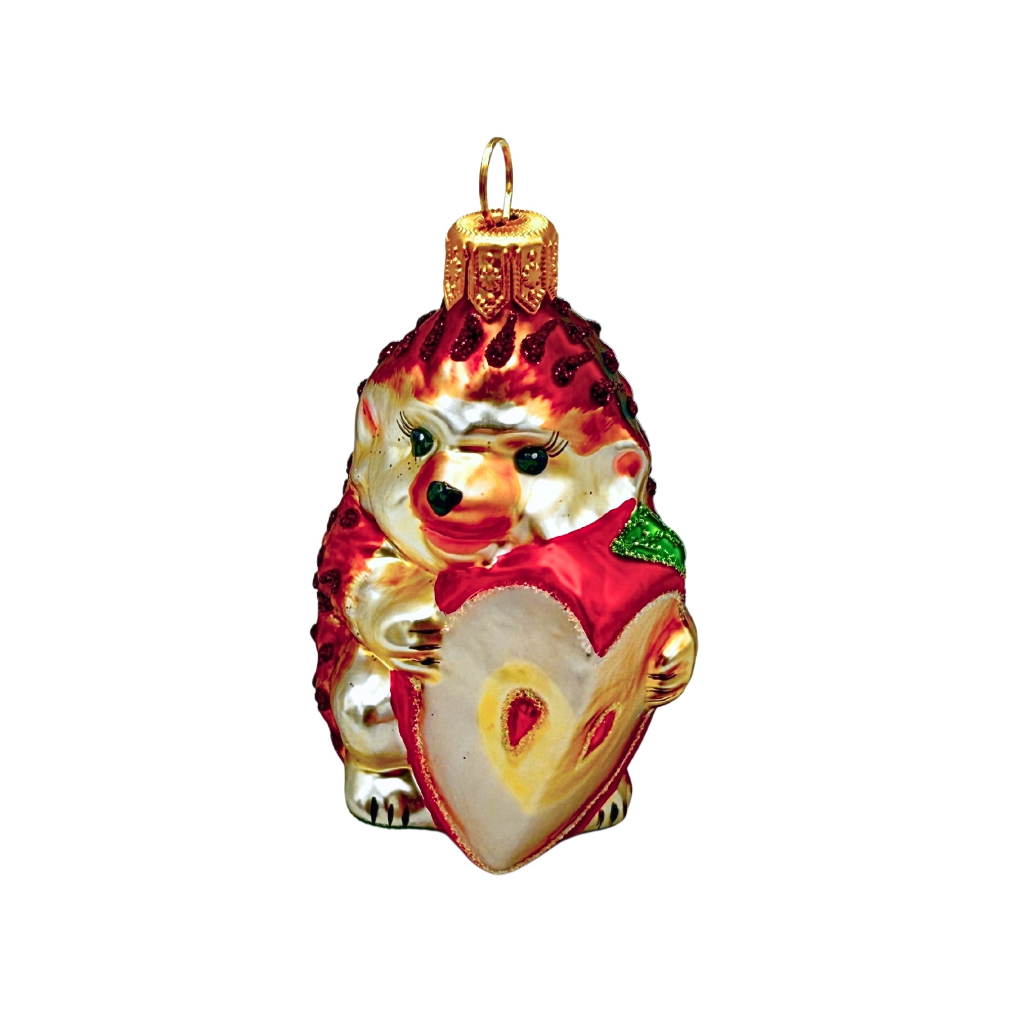 Hérisson en verre soufflé tenant une pomme, figurine décorative peinte avec attache métallique pour suspension