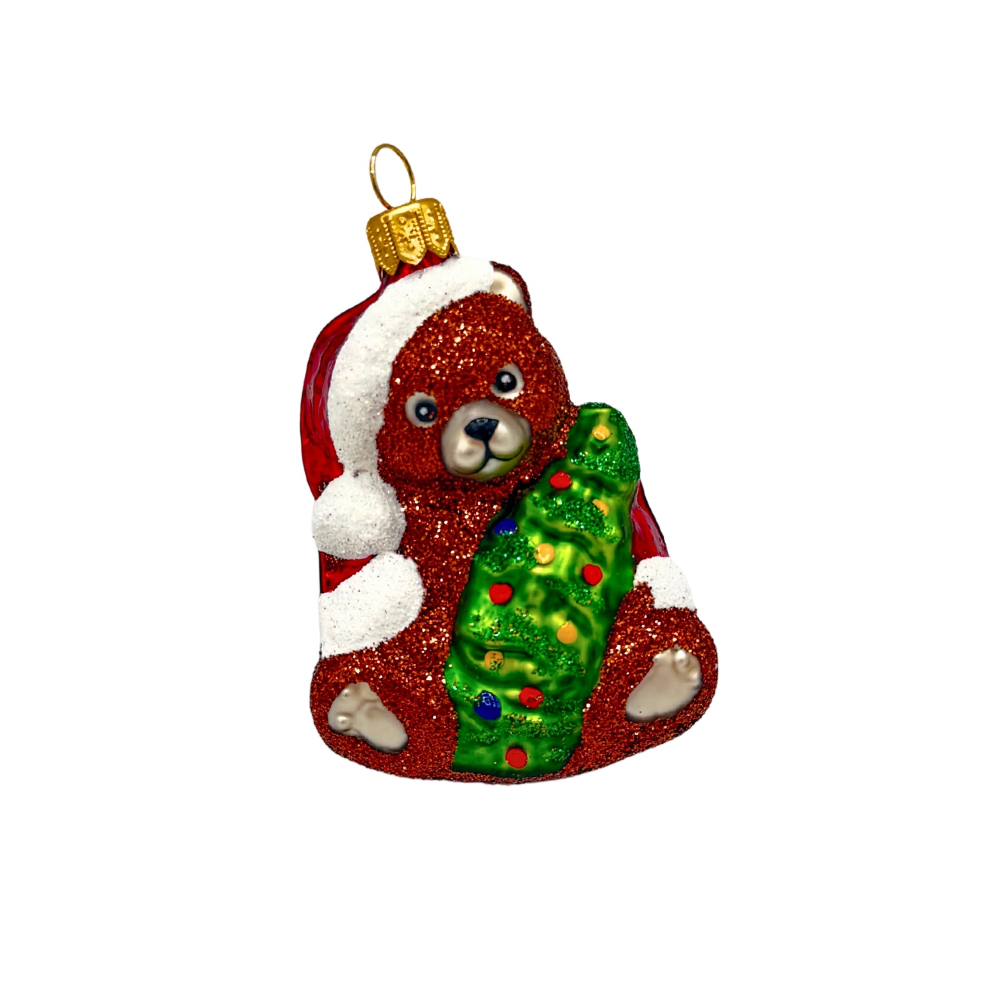 Ourson de Noël en verre pailleté tenant un sapin décoré, suspension avec bonnet rouge et crochet métallique