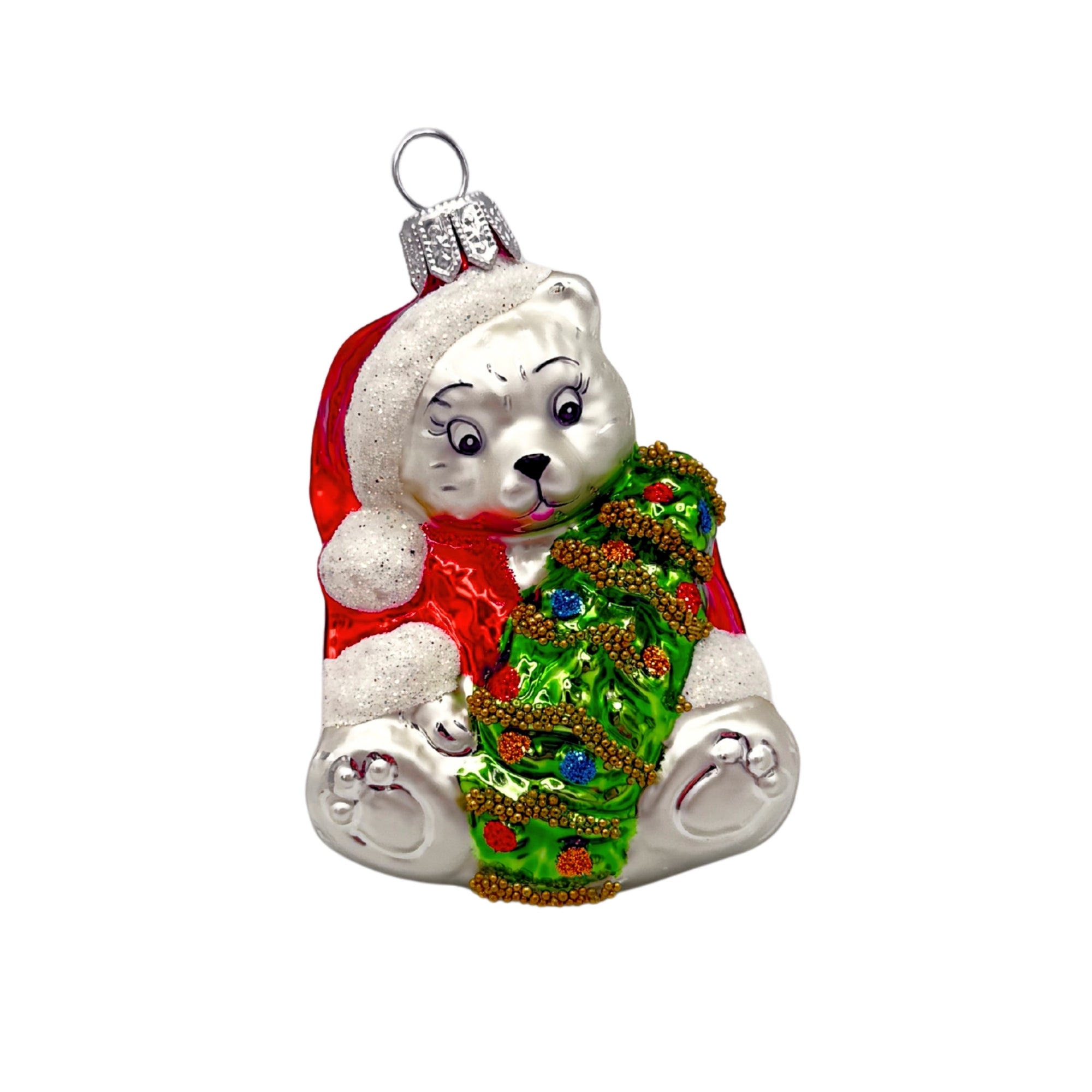 Ourson de Noël en verre soufflé tenant un sapin décoré, figurine suspendue avec attache métallique