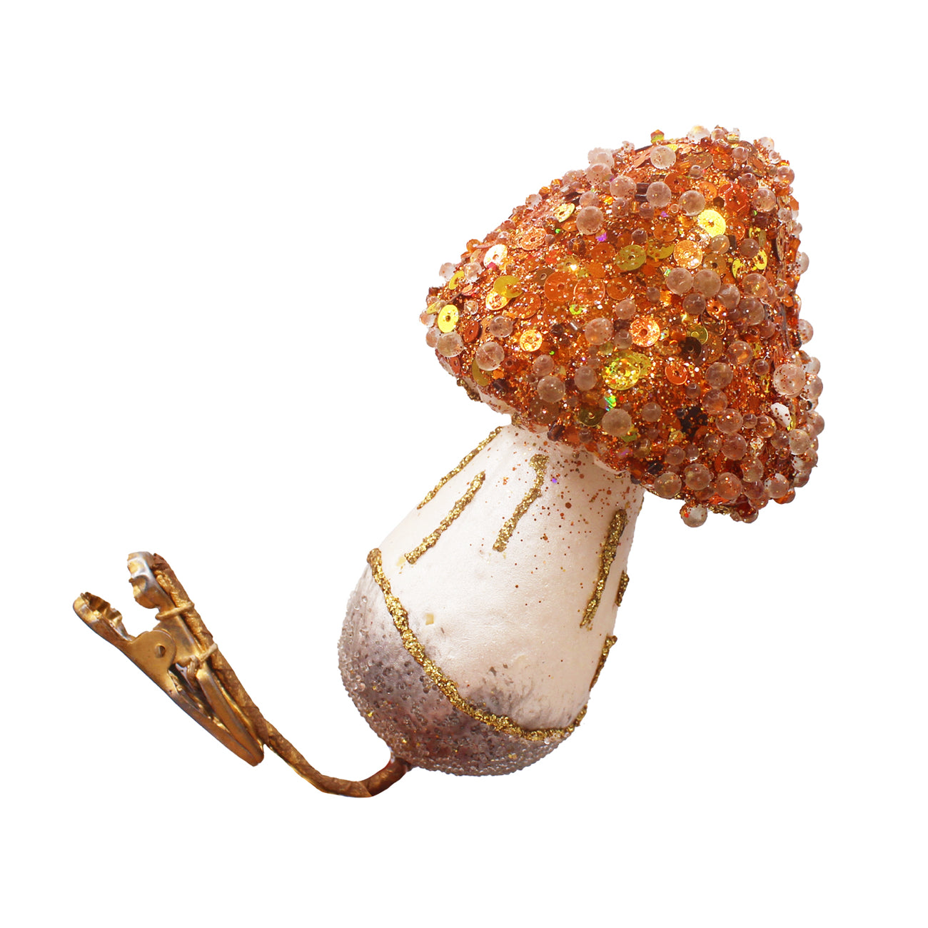 Champignon à pince cuivré et doré en sequins scintillants avec pied blanc