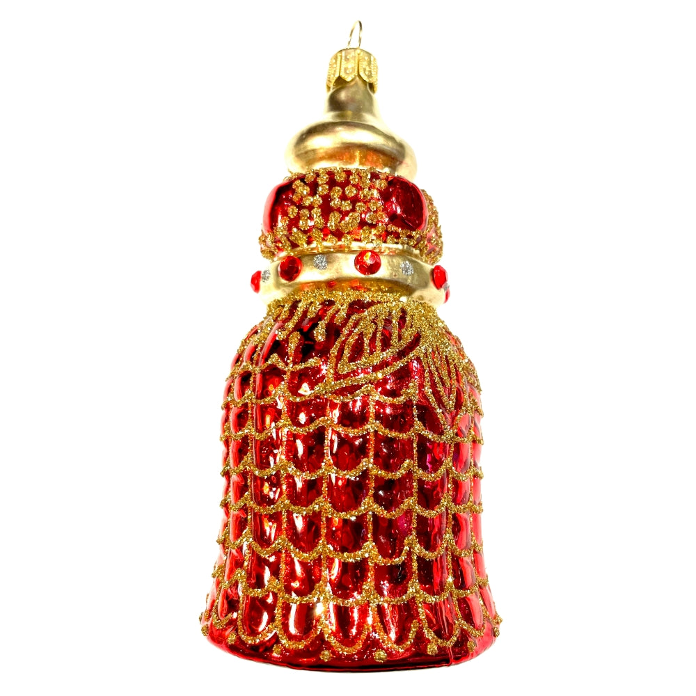 Pompon en verre soufflé rouge à motifs dorés et sommet métallisé