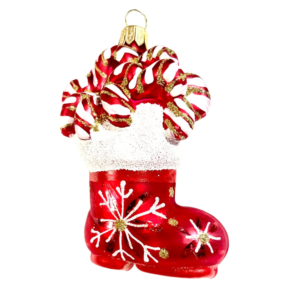 Botte de Noël en verre soufflé rouge, garnie de bonbons rayés blancs et dorés