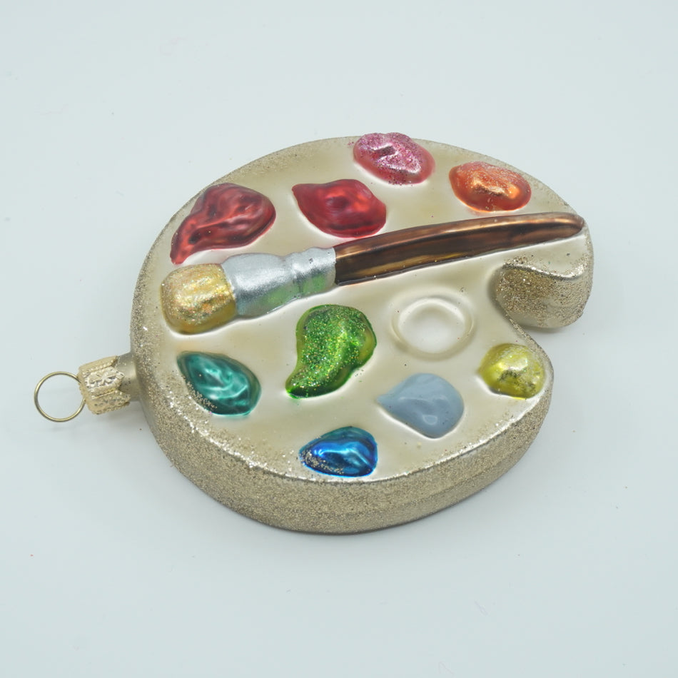 Palette de peintre en verre soufflé beige, avec pinceau et taches de peinture multicolores
