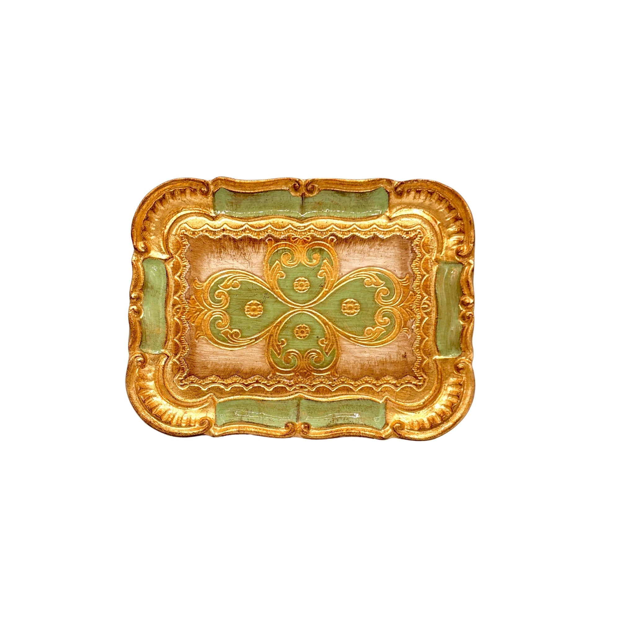 Plateau rectangulaire décoratif en céramique vert et or, bords festonnés et motifs floraux en relief style baroque