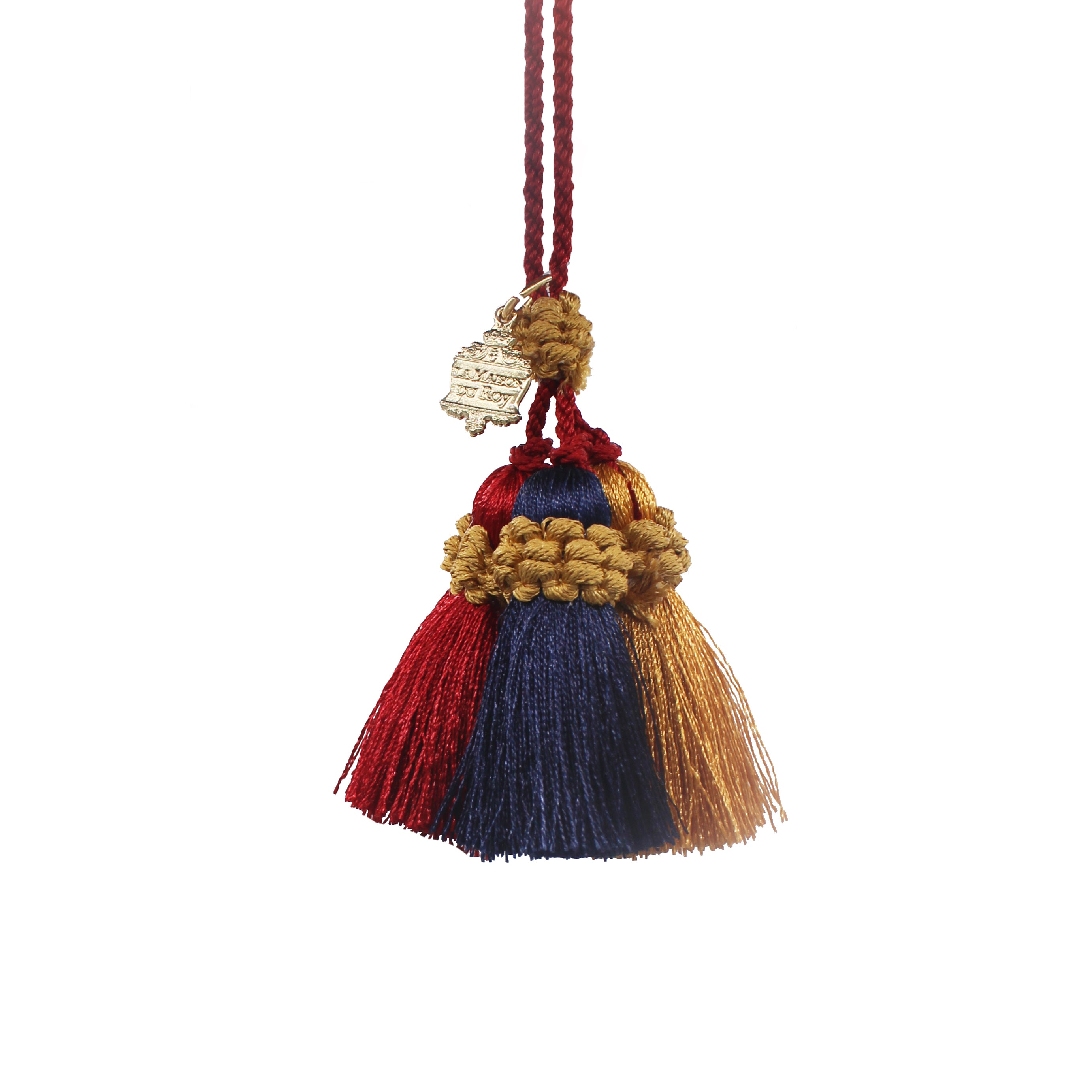 Pompon triple en coton rouge, bleu et doré avec écusson La Maison du Roy