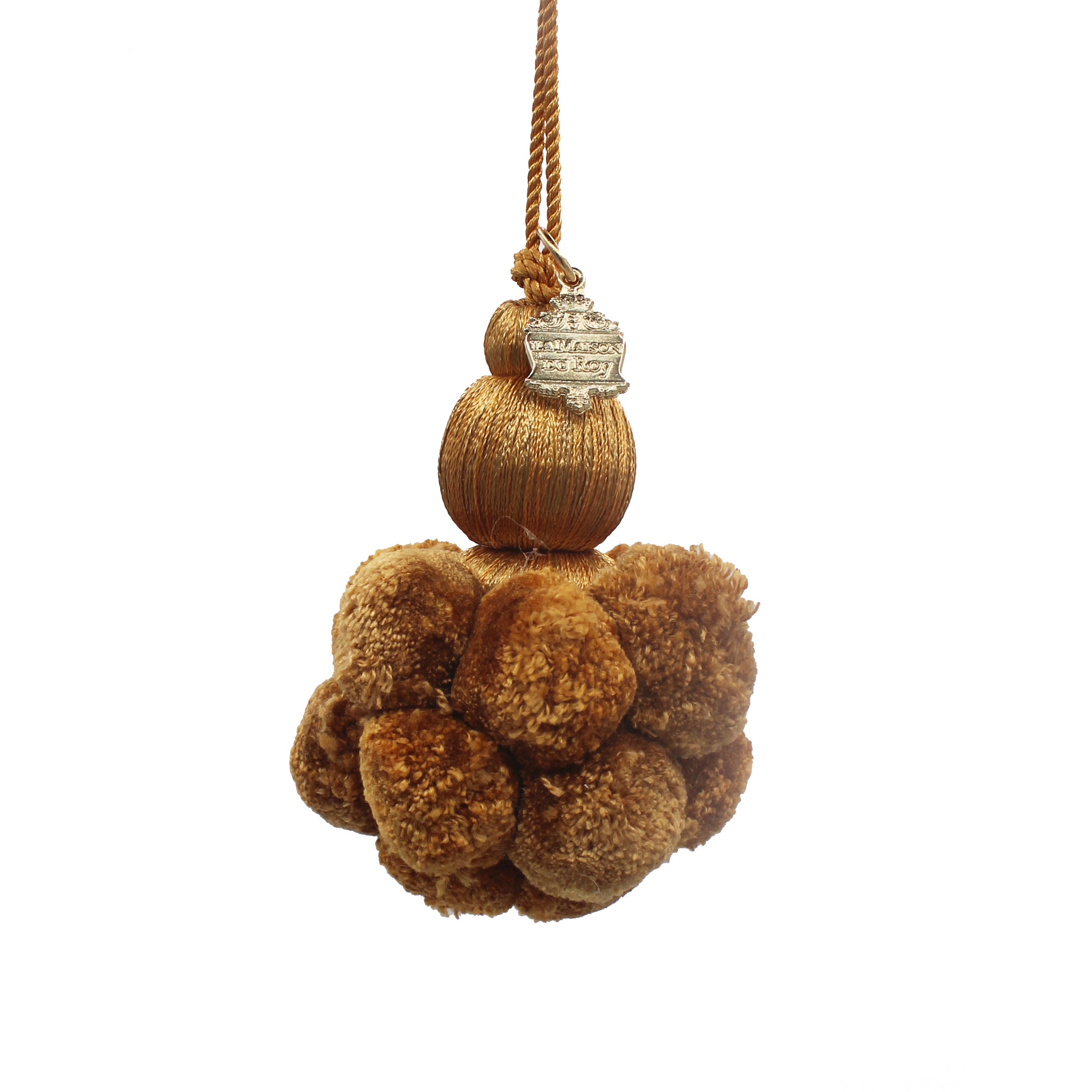 Pompon décoratif doré en coton avec pompons texturés et écusson La Maison du Roy