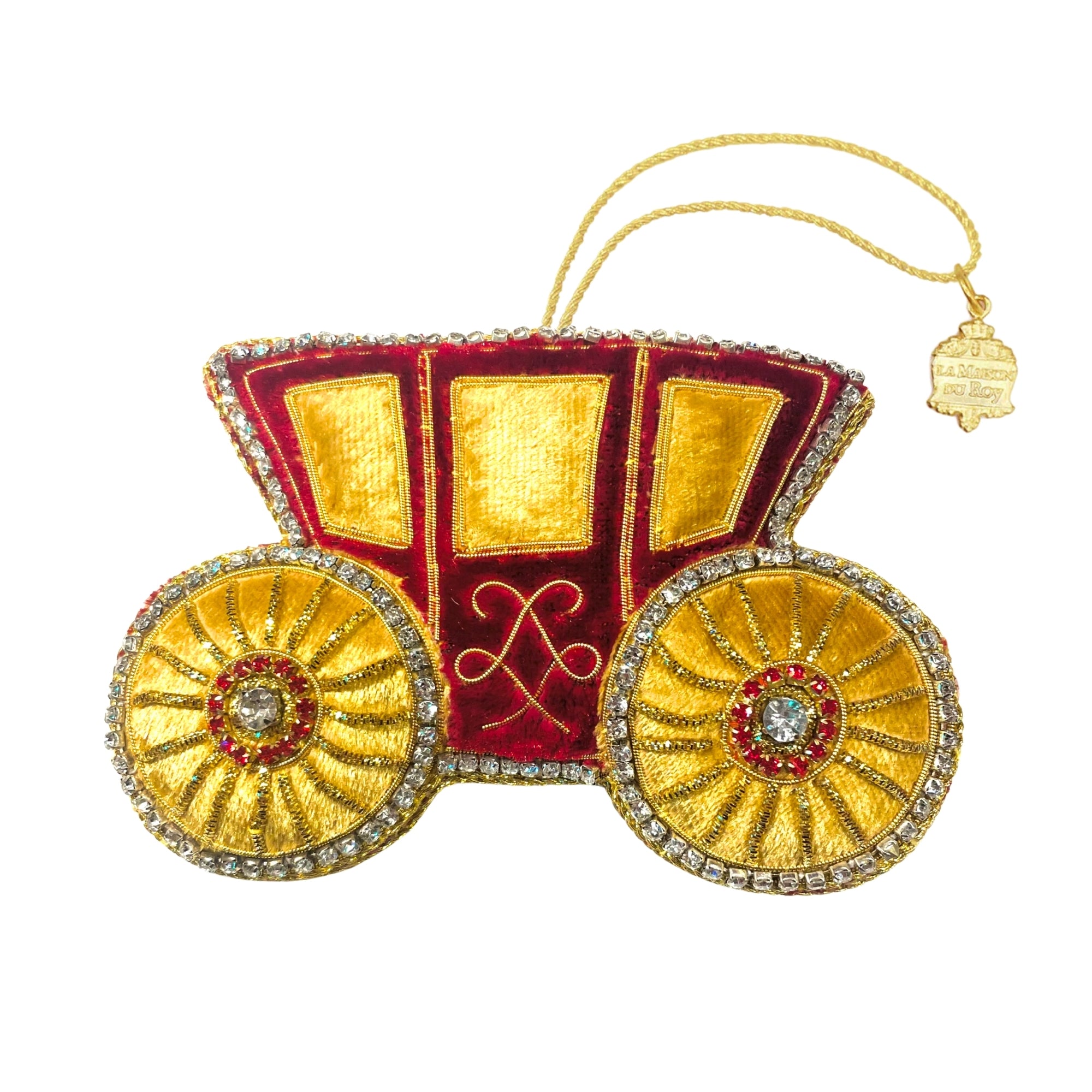 Carrosse décoratif brodé de fils dorés et strass, velours rouge, roues ornées de cristaux