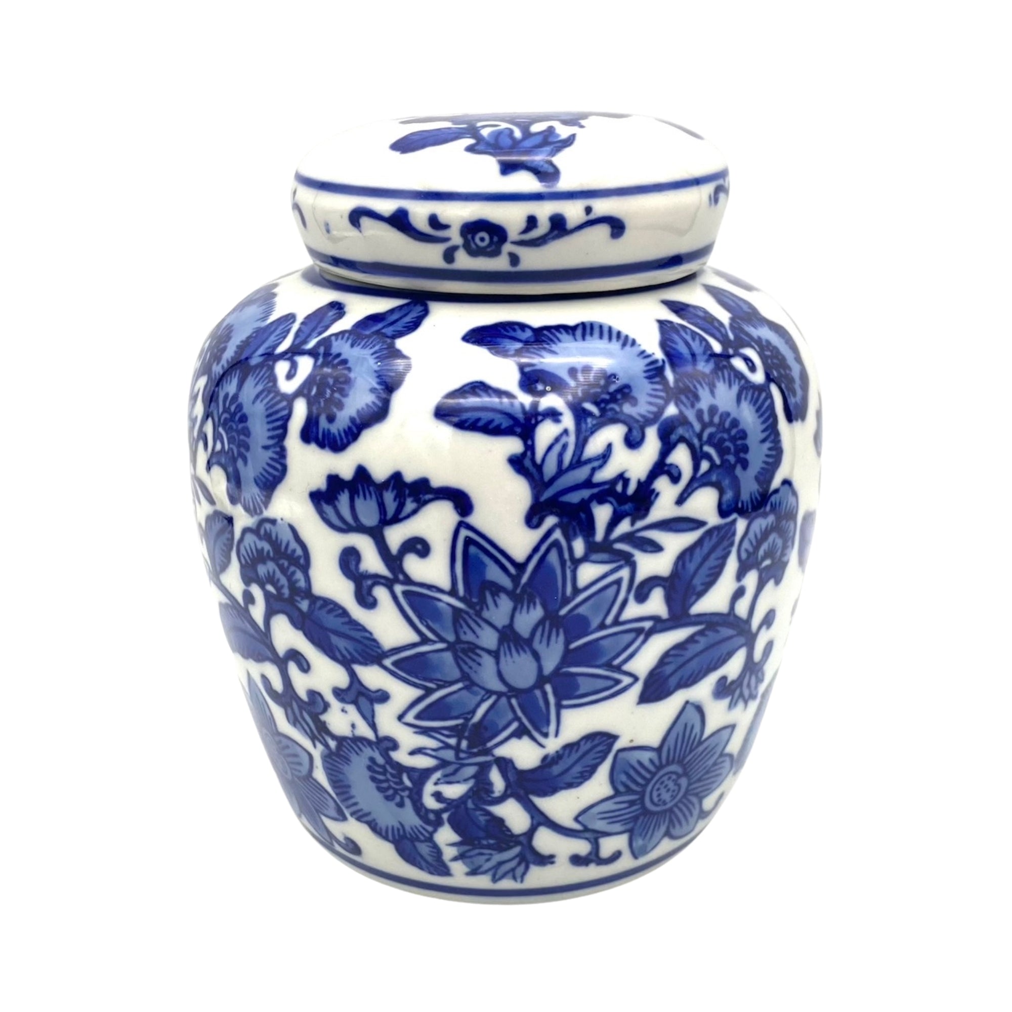 Boîte ronde en porcelaine blanche avec couvercle, décor floral bleu peint à la main style oriental