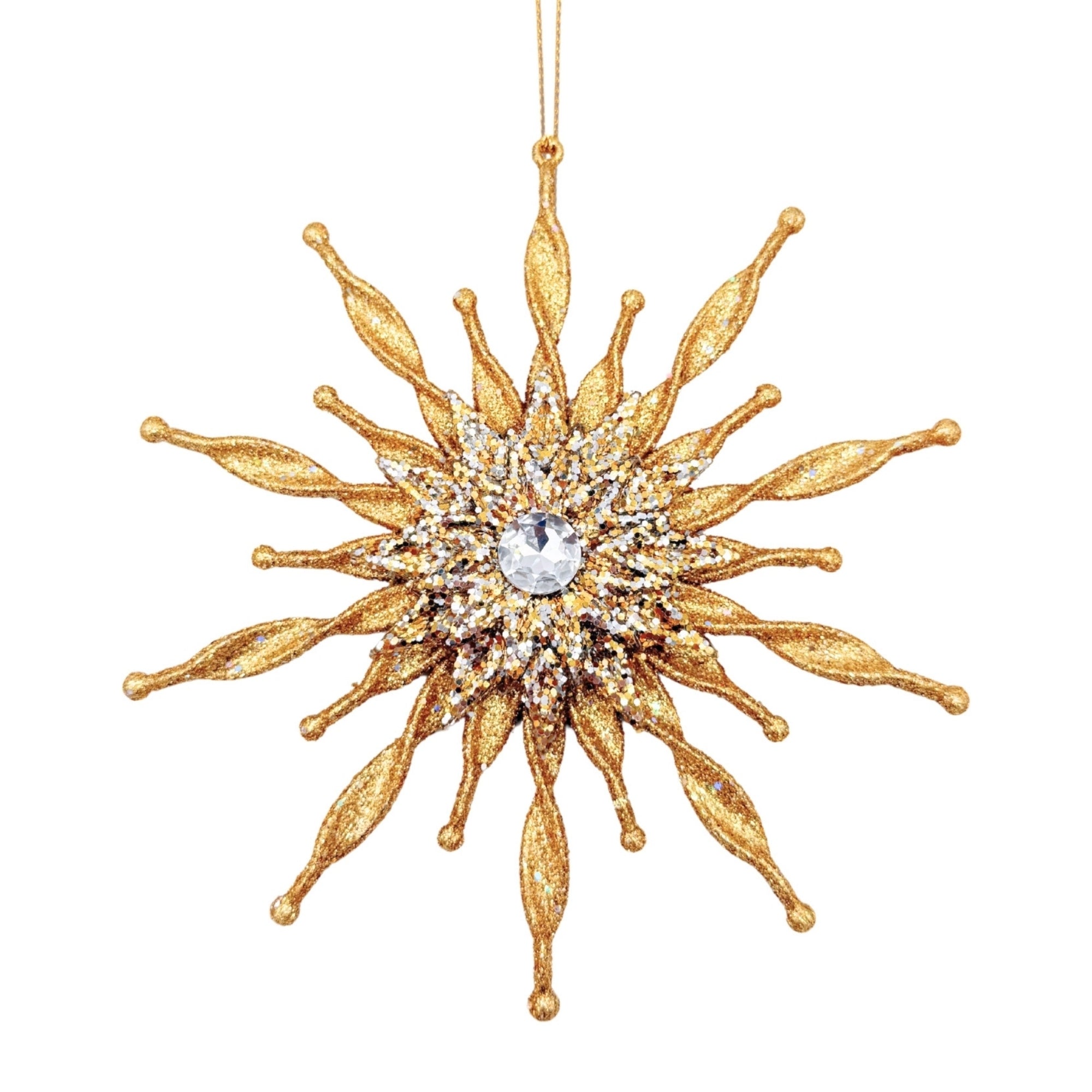 Etoile rayonnante dorée pailletée avec strass central et branches allongées