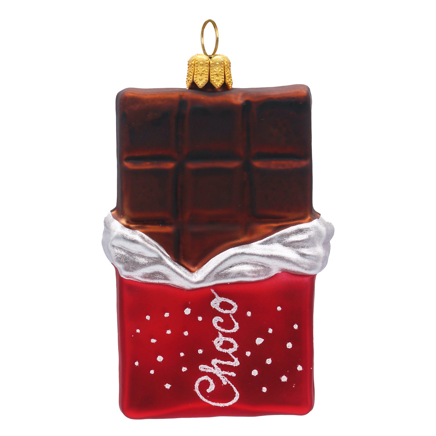 Barre de chocolat en verre soufflé brun et rouge, décorée de blanc et suspendue