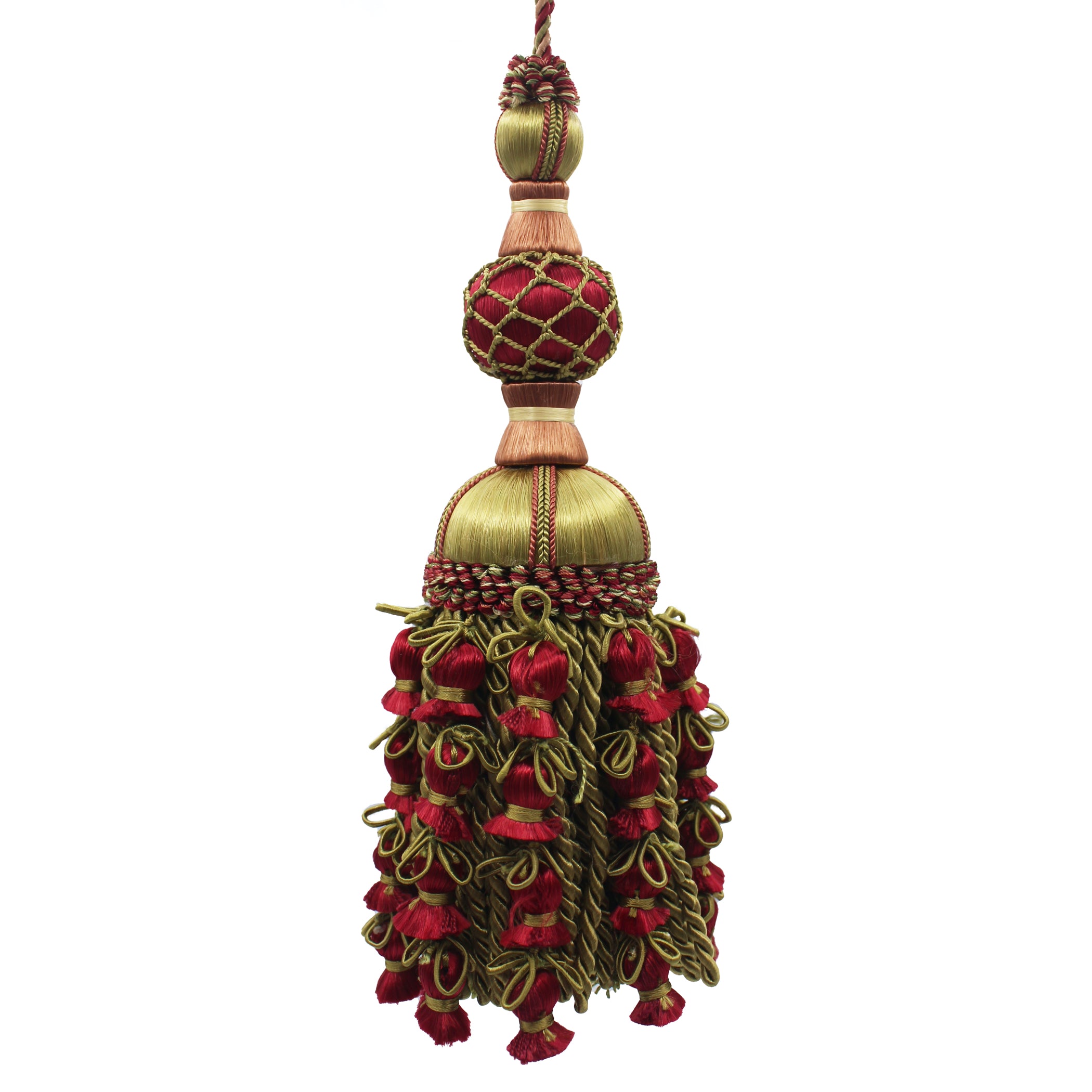 Pompon vénitien vert et framboise à glands en passementerie, suspendu verticalement