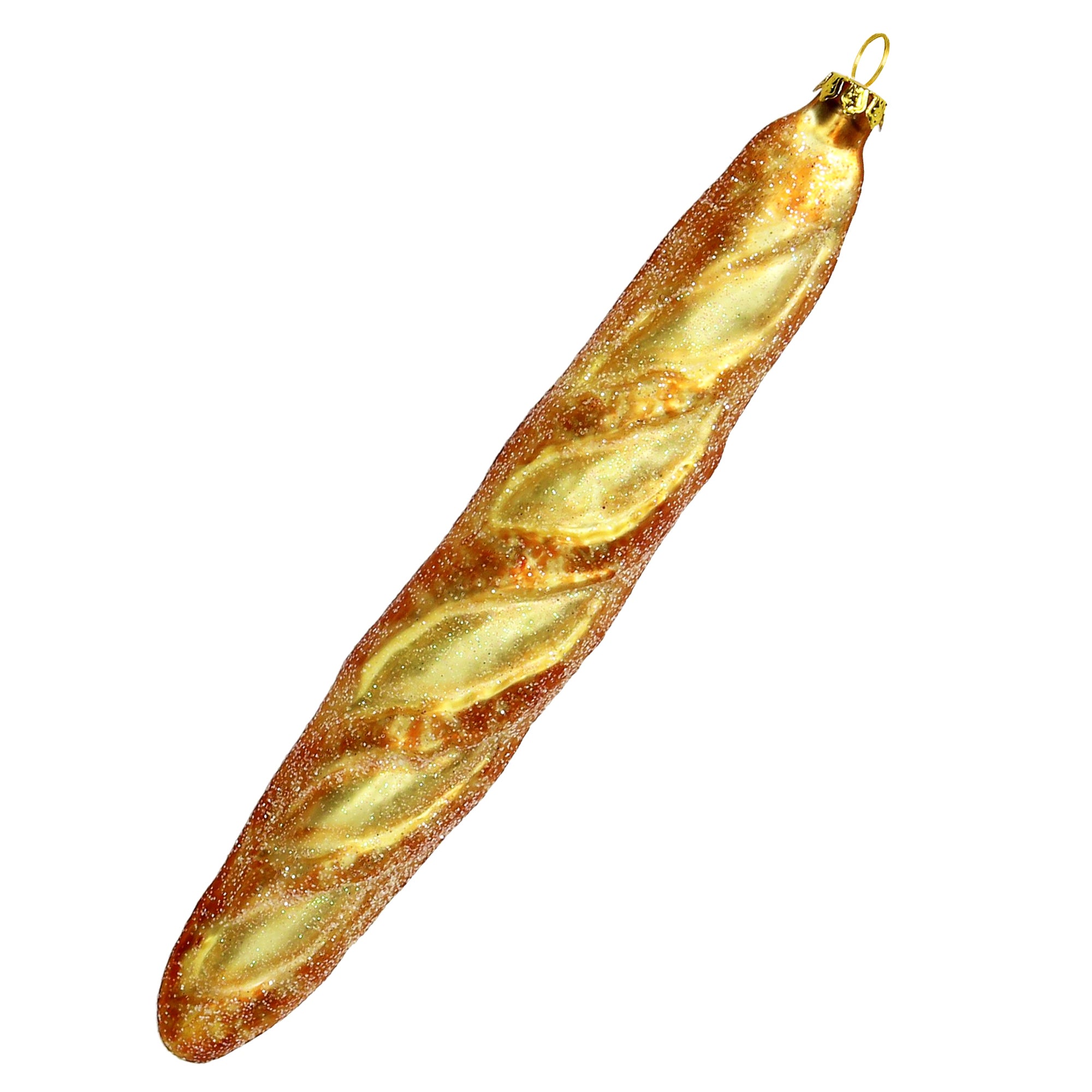 Baguette décorative en verre soufflé brun et doré, suspendue par une attache dorée