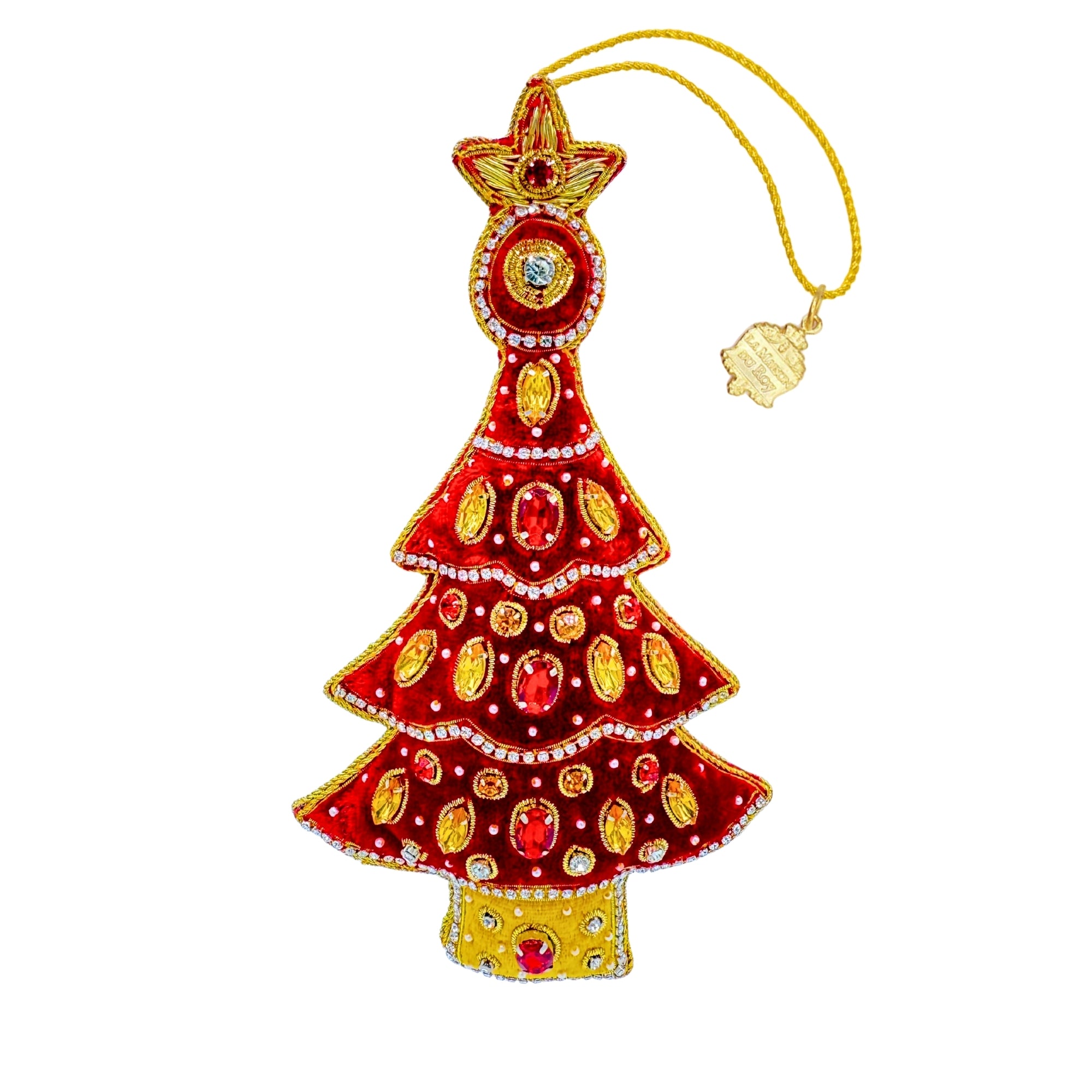 Grand sapin de Noël décoratif rouge brodé, orné de perles, strass et fils dorés, avec attache textile dorée