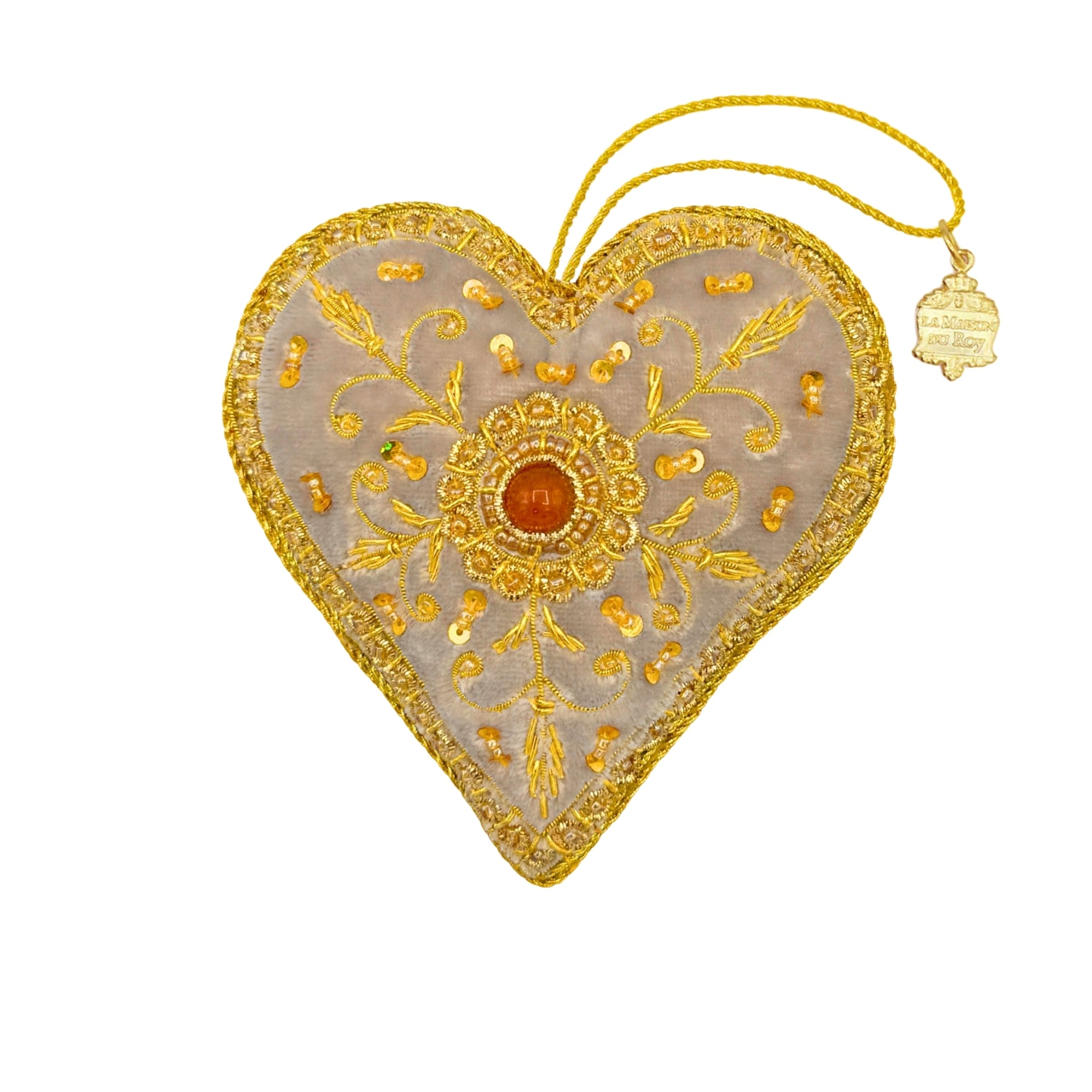 Coeur en velours gris brodé à la main de fils dorés, sequins et cabochon central