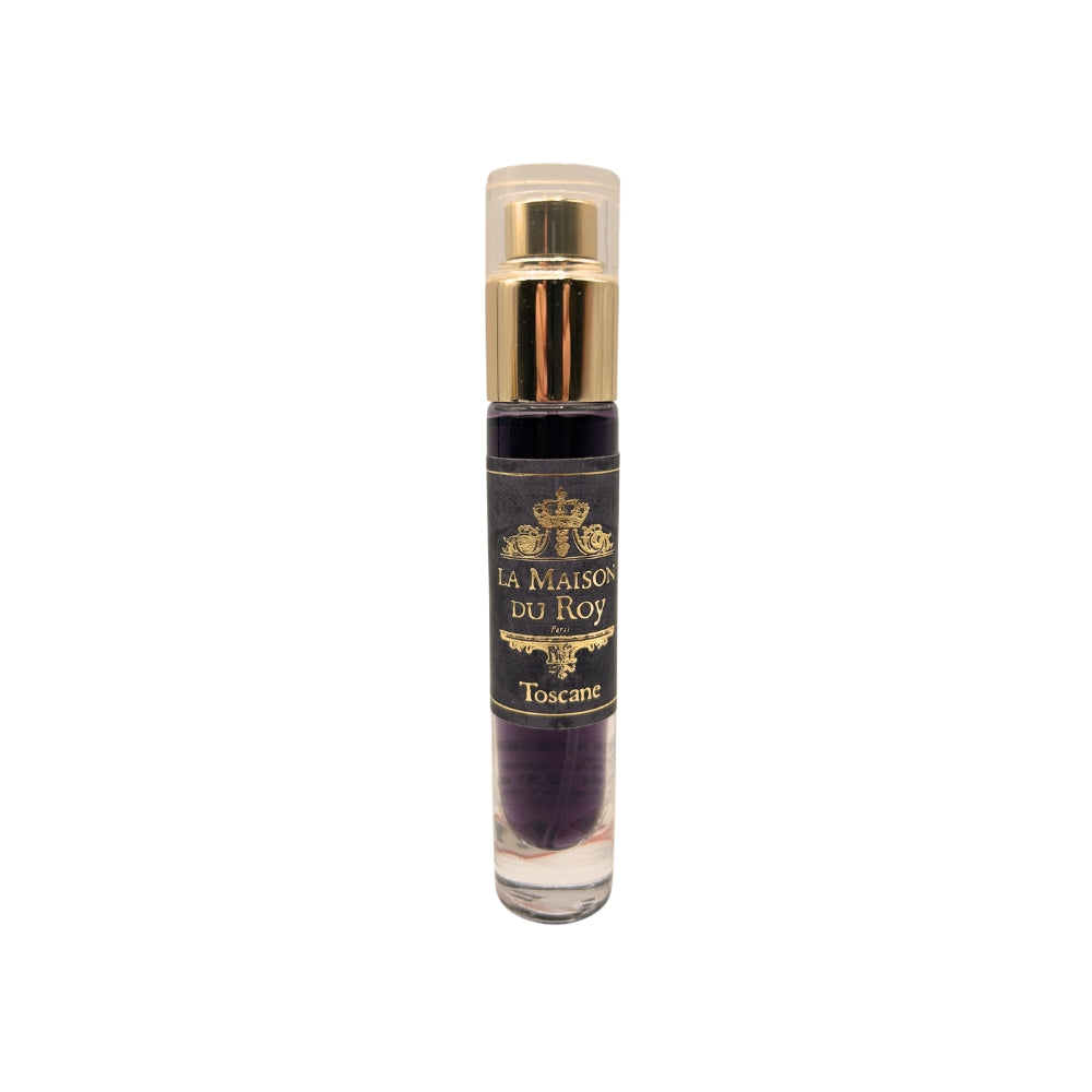 Mini flacon de parfum d'ambiance Toscane en verre violet avec bouchon vaporisateur doré