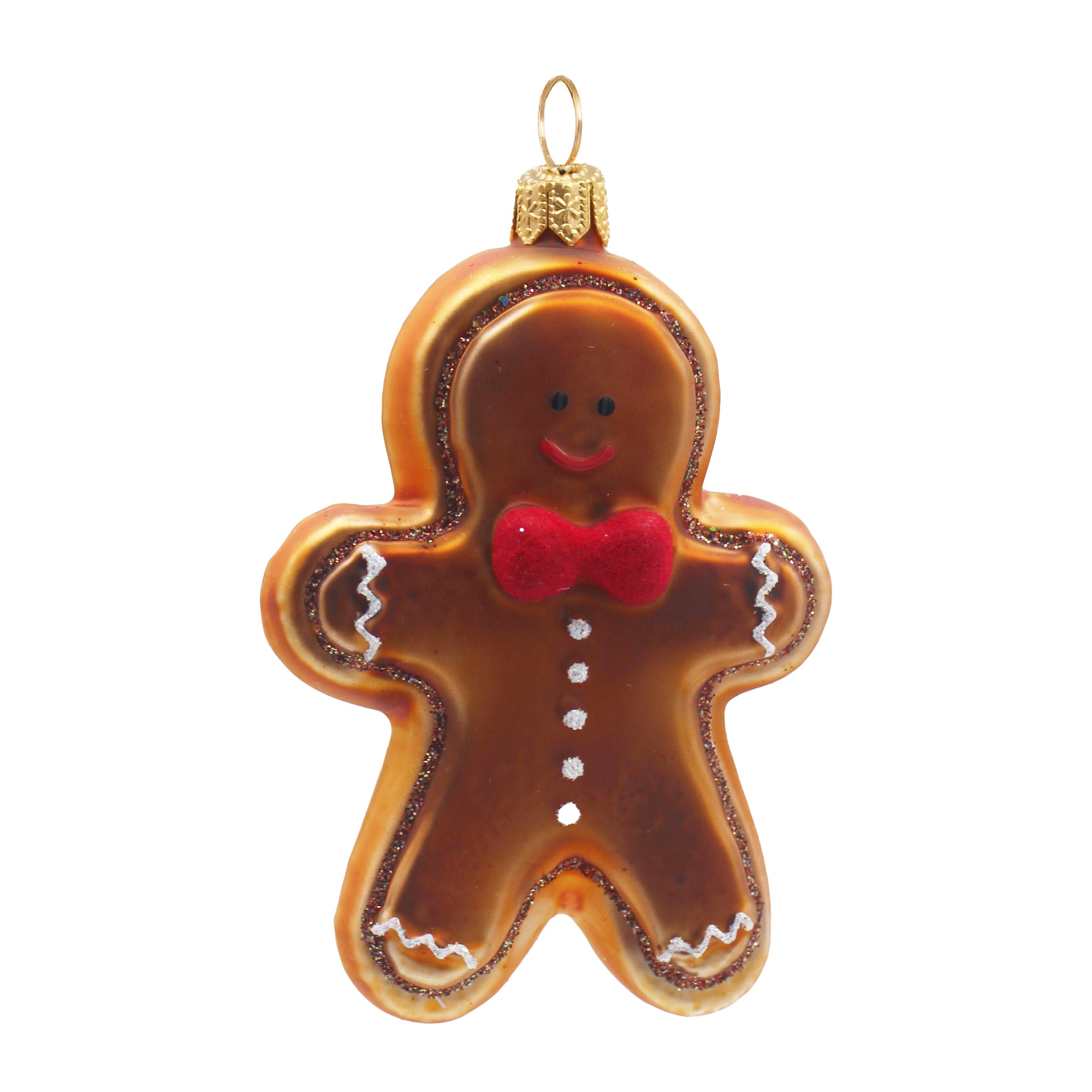 Bonhomme de pain d'épices en verre soufflé brun avec nœud papillon rouge et crochets doré