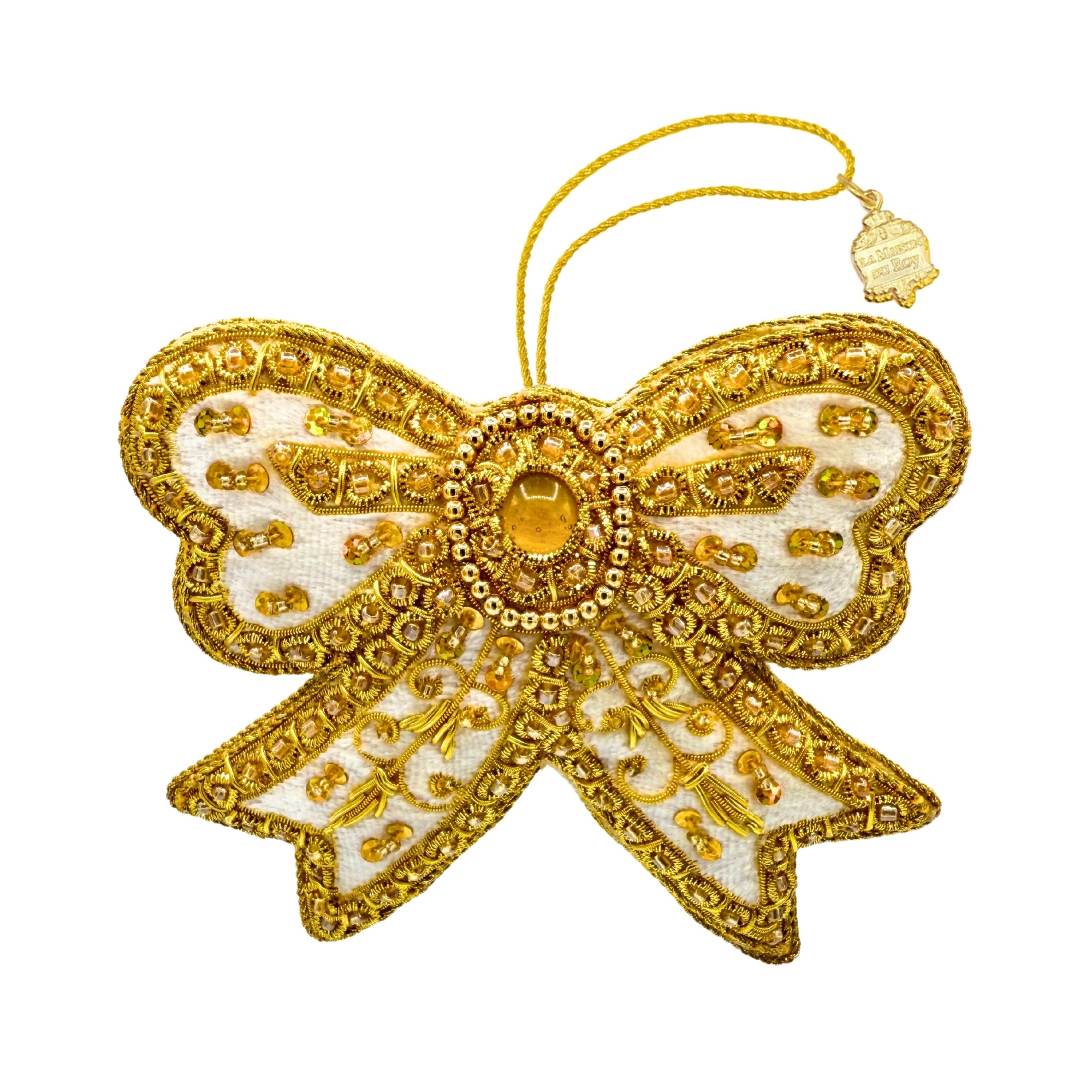 Nœud décoratif blanc brodé de fils dorés, perles et strass, avec cordon d’attache doré