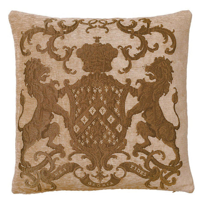 Coussin jacquard beige et doré avec blason couronné et deux lions