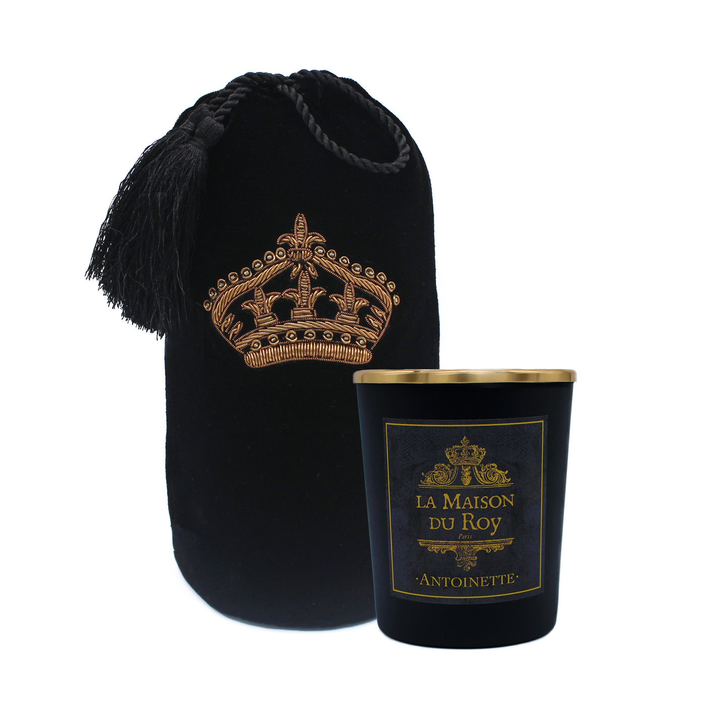 Bougie parfumée noire Antoinette avec couvercle doré et pochon de velours brodé d une couronne